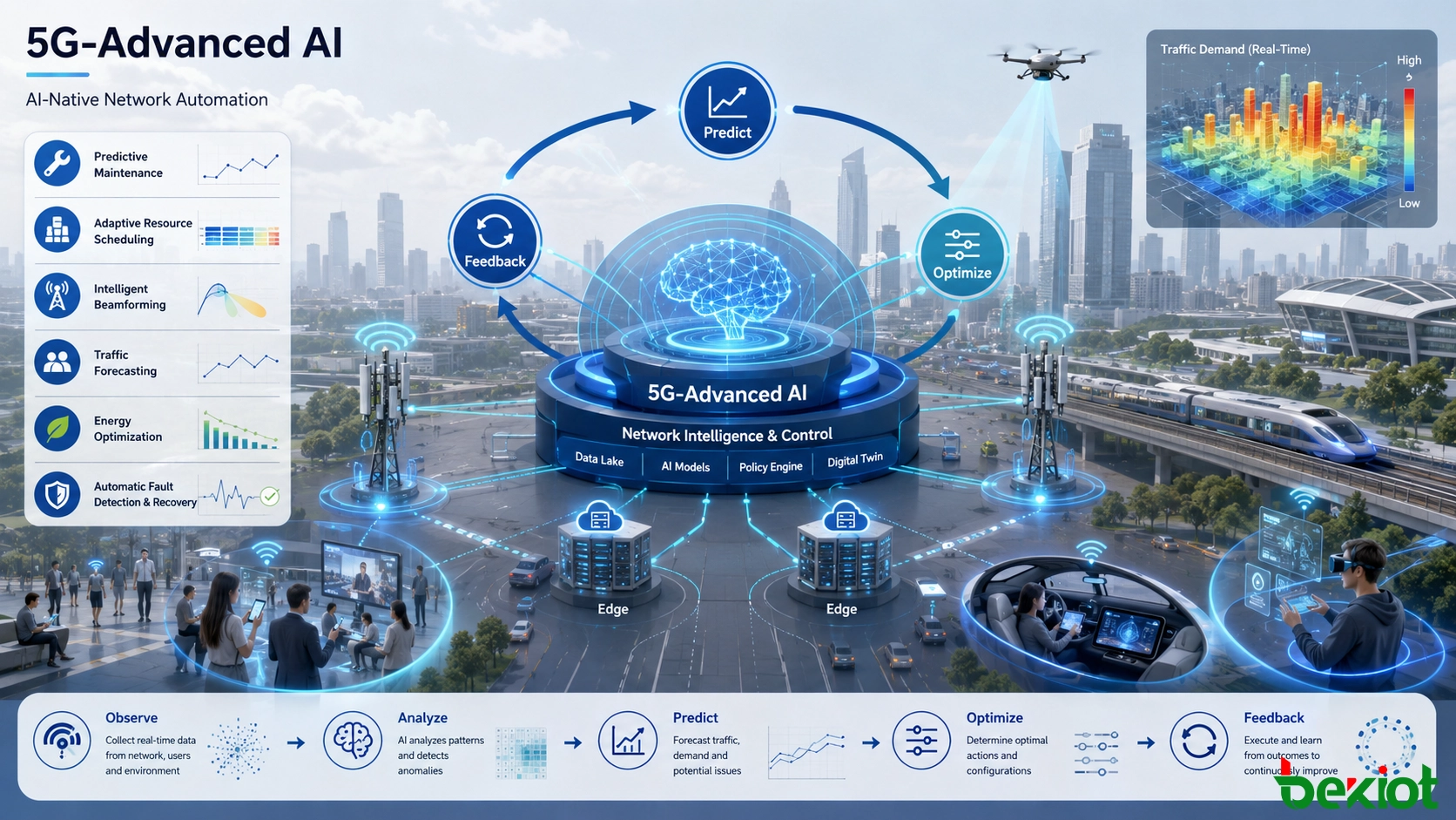 Automatización de red en bucle cerrado con IA en 5G-Advanced para predicción, planificación de recursos, conformación de haces y optimización energética