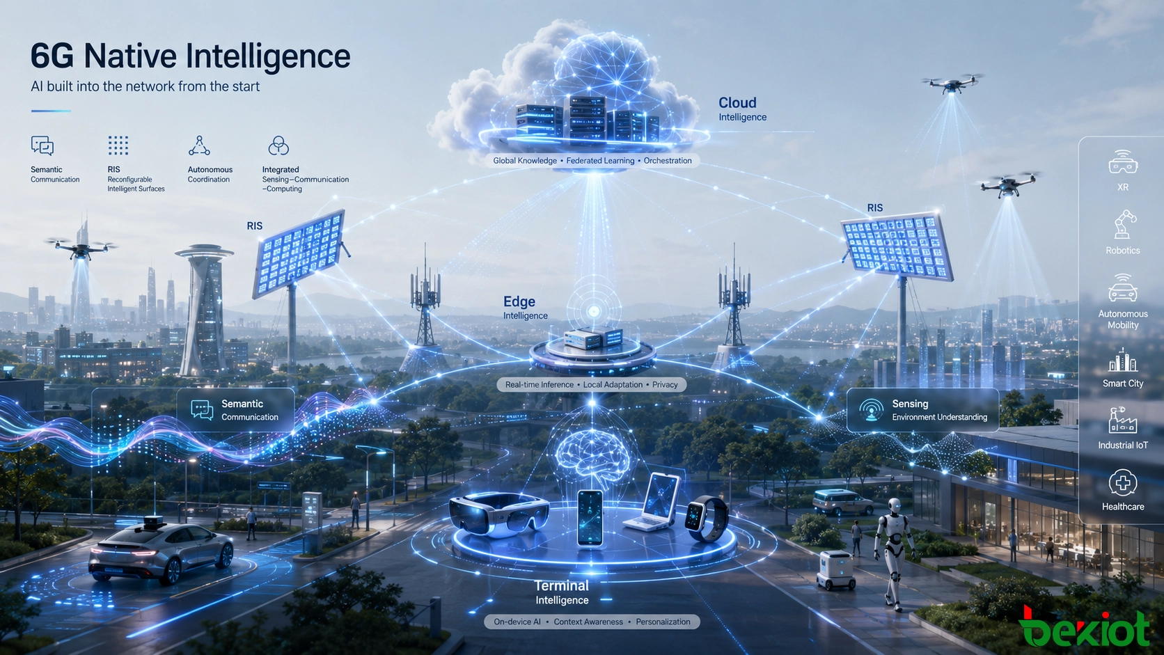 Arquitectura de IA nativa de 6G que integra terminales, computación en el borde, estaciones base, inteligencia en la nube, comunicación semántica y RIS