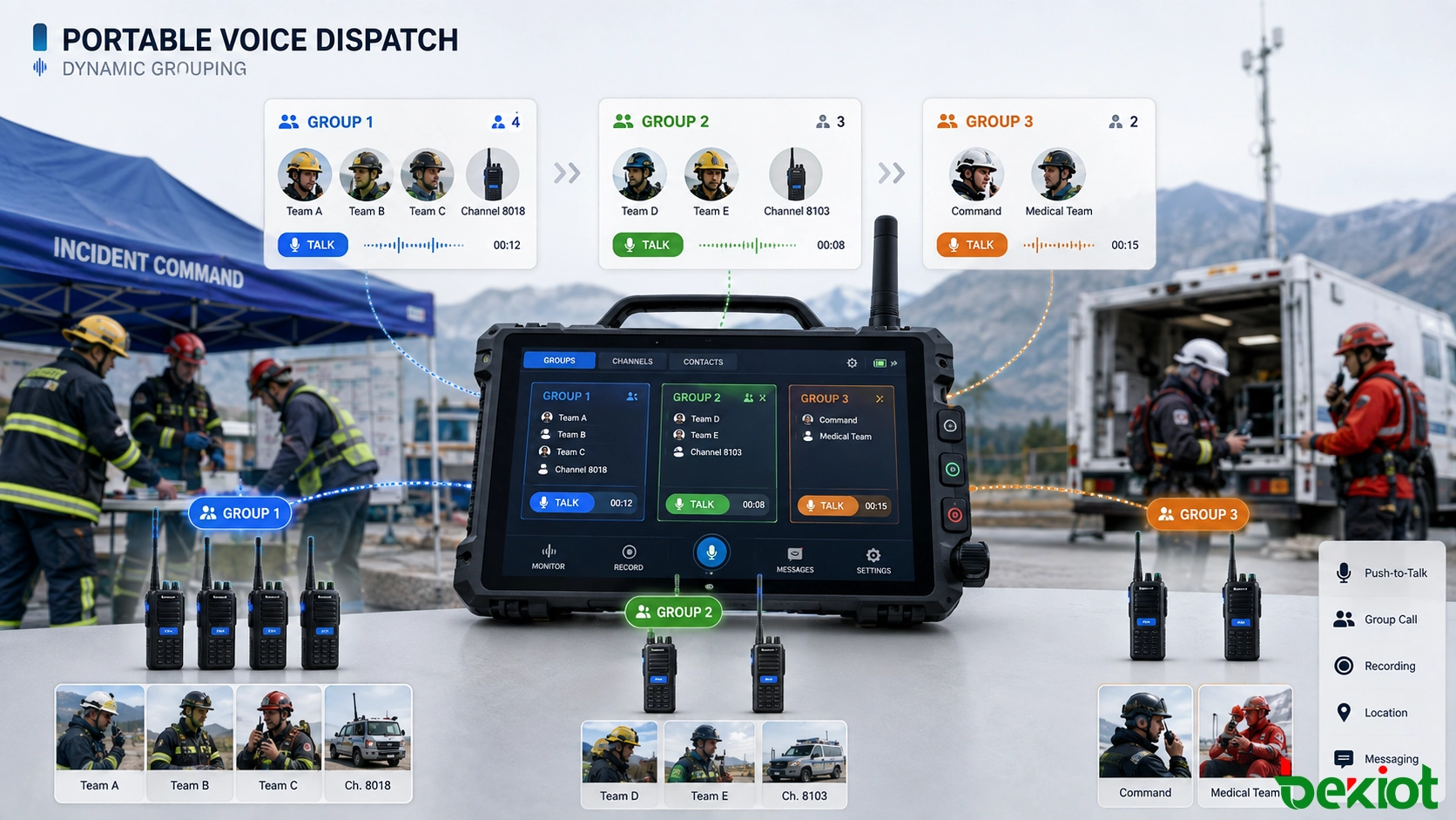 Consola de despacho de voz portátil agrupando dinámicamente múltiples canales de radio de emergencia para coordinación en campo