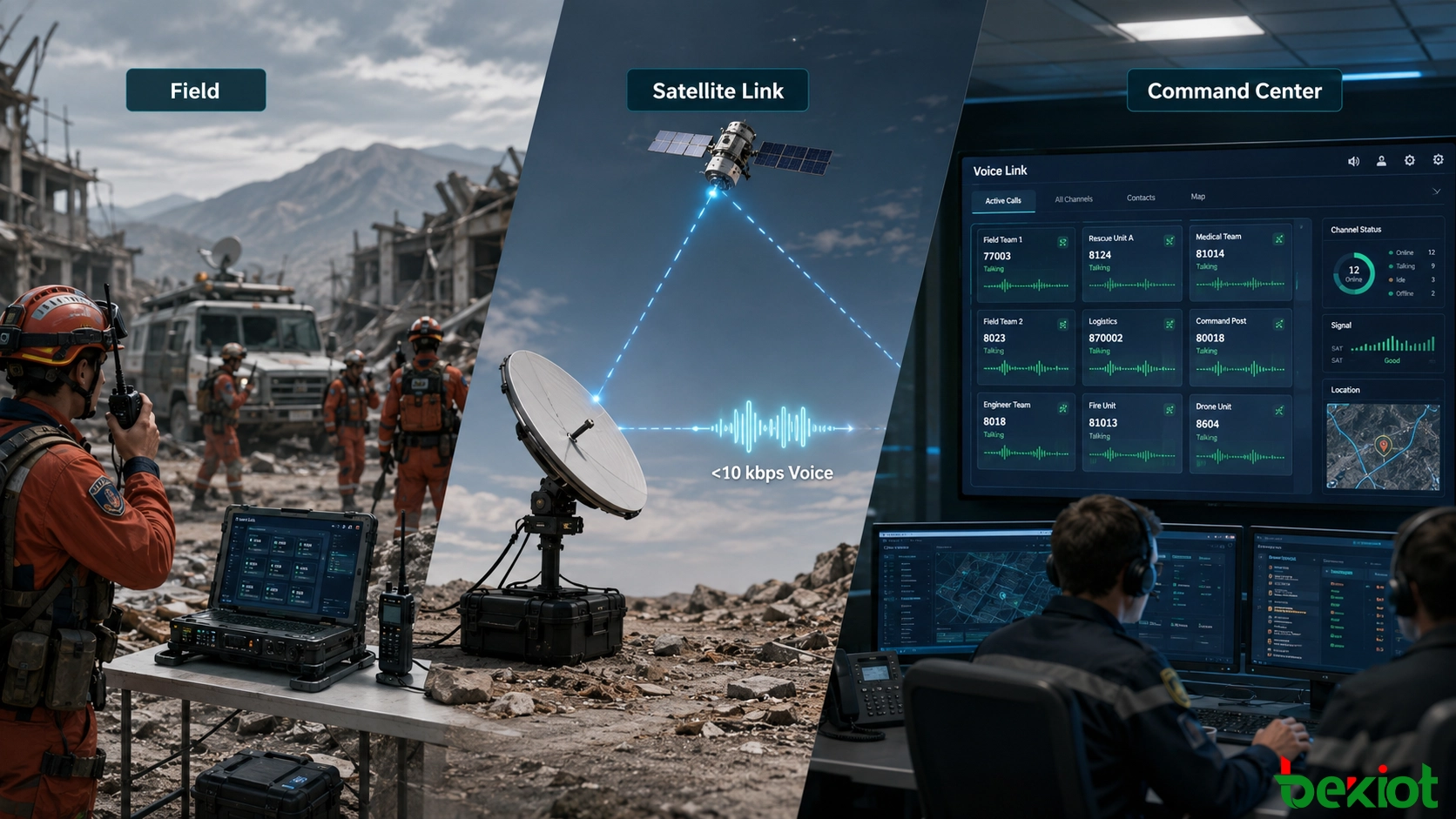 Comunicación de voz de emergencia de bajo ancho de banda que conecta radios de campo y un centro de mando remoto a través de una conexión satelital