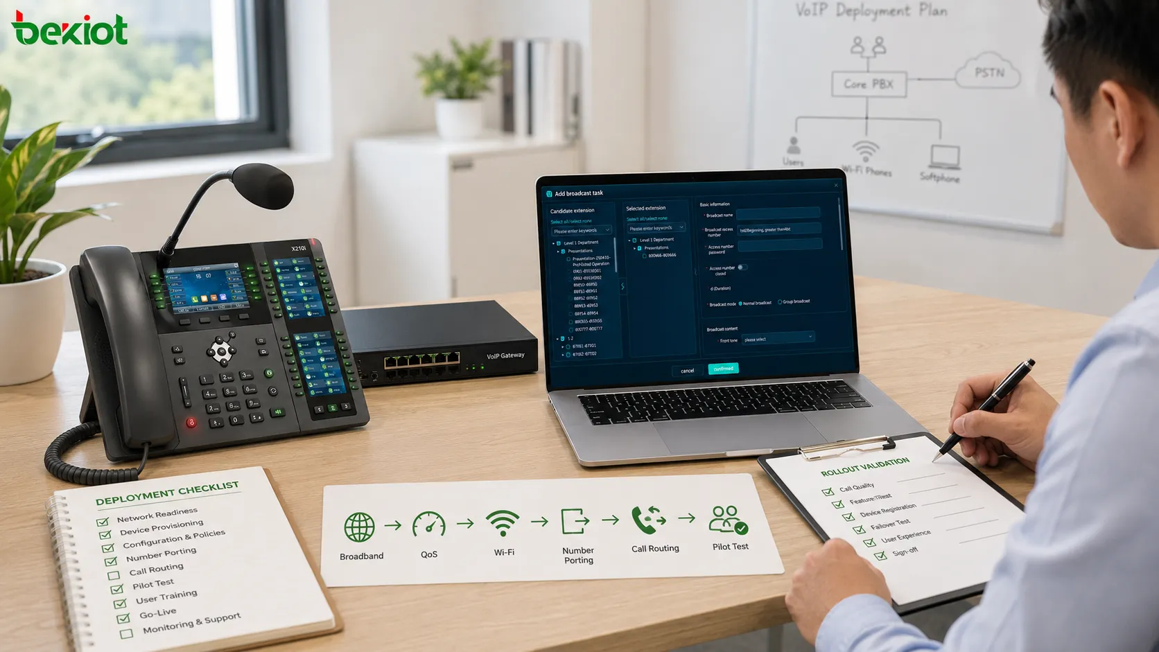 Lista de comprobación para implantar VoIP en pequeñas empresas con calidad de banda ancha QoS cobertura Wi-Fi portabilidad numérica teléfonos IP aplicaciones móviles enrutamiento integración CRM y prueba piloto