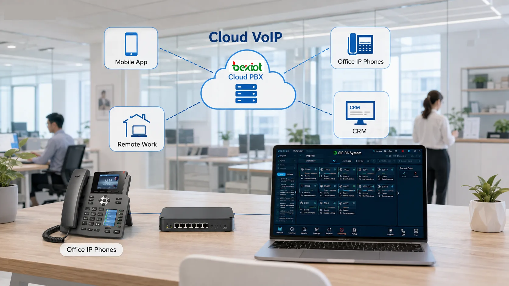 Arquitectura VoIP en la nube que conecta teléfonos de oficina empleados remotos aplicaciones móviles redes de banda ancha y servicios de comunicación cloud para pequeñas empresas