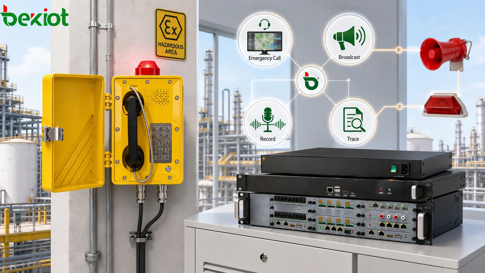 Teléfono antideflagrante conectado a plataforma de despacho y sistema de grabación mostrando llamada de emergencia gestión de la sala de control vinculación con megafonía trazabilidad y circuito de análisis del tiempo de respuesta