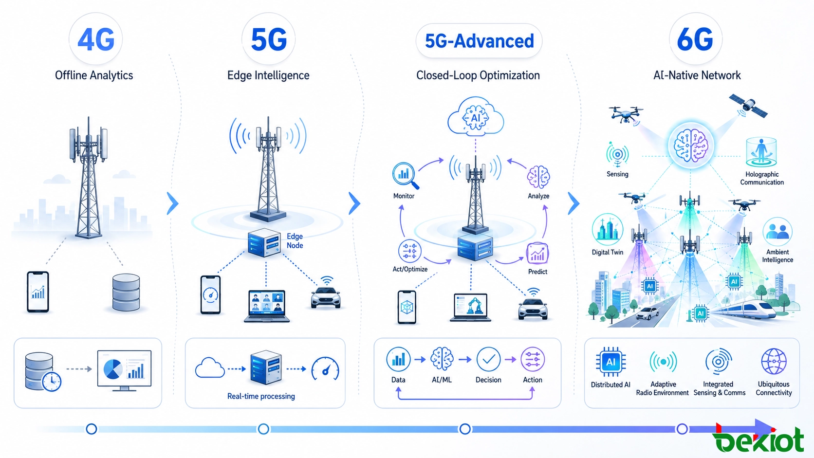 Evolución de la IA en redes móviles desde el análisis fuera de línea en 4G hasta la inteligencia en el borde en 5G, la optimización en bucle cerrado en 5G-Advanced y el futuro 6G nativo de IA