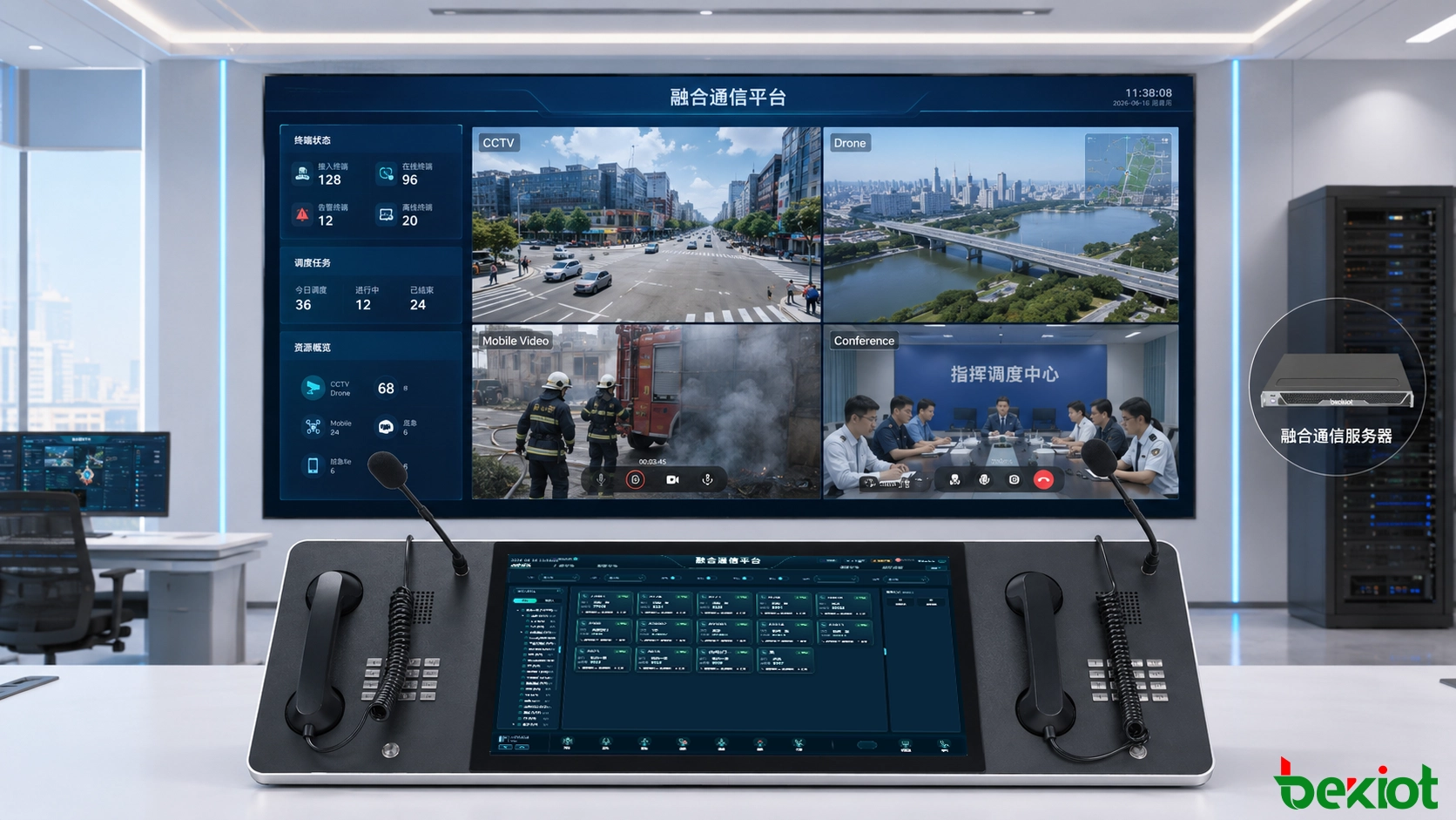 Centro de comando unificado que muestra transmisiones de CCTV, drones, videoconferencia y vídeo móvil después de la normalización de protocolo y medios