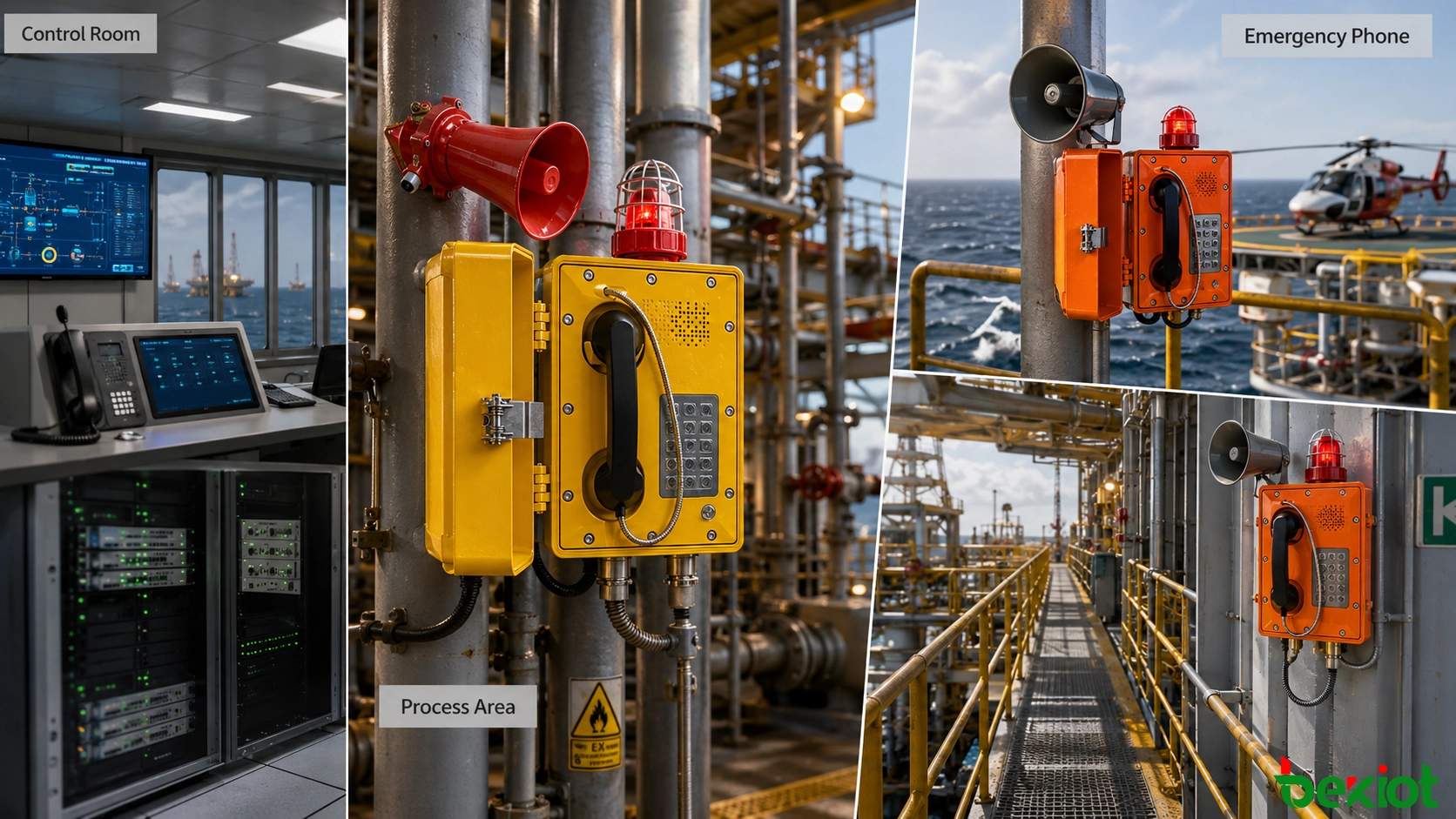 Despliegue de teléfonos de emergencia en plataforma marina por zonas, que cubre la sala de control, la cubierta de producción, el área de compresores, el helipuerto, la sala de máquinas y el área de botes salvavidas