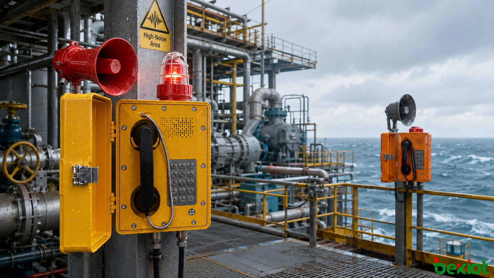 Comunicación de emergencia en plataforma marina con alto ruido utilizando teléfonos industriales, altavoces de bocina, alarmas visuales e integración con el despacho de la sala de control