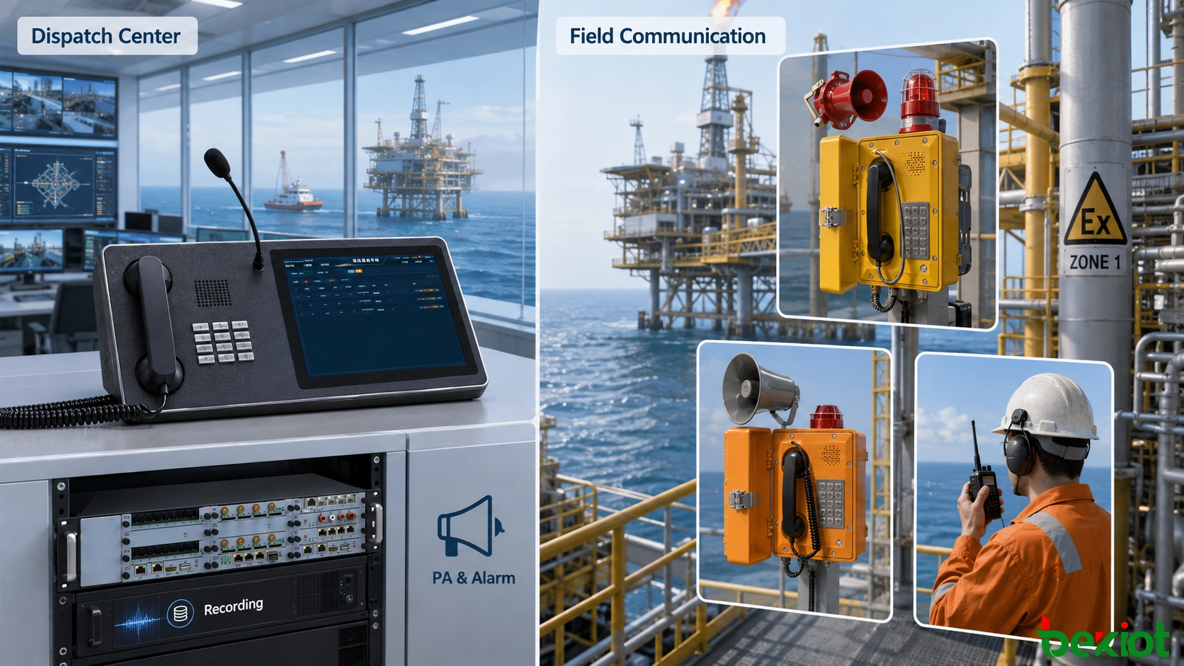 Arquitectura de comunicación de emergencia para plataforma marina que conecta teléfonos industriales y a prueba de explosiones con servidores de despacho, consolas de sala de control, megafonía, alarmas y sistemas de grabación