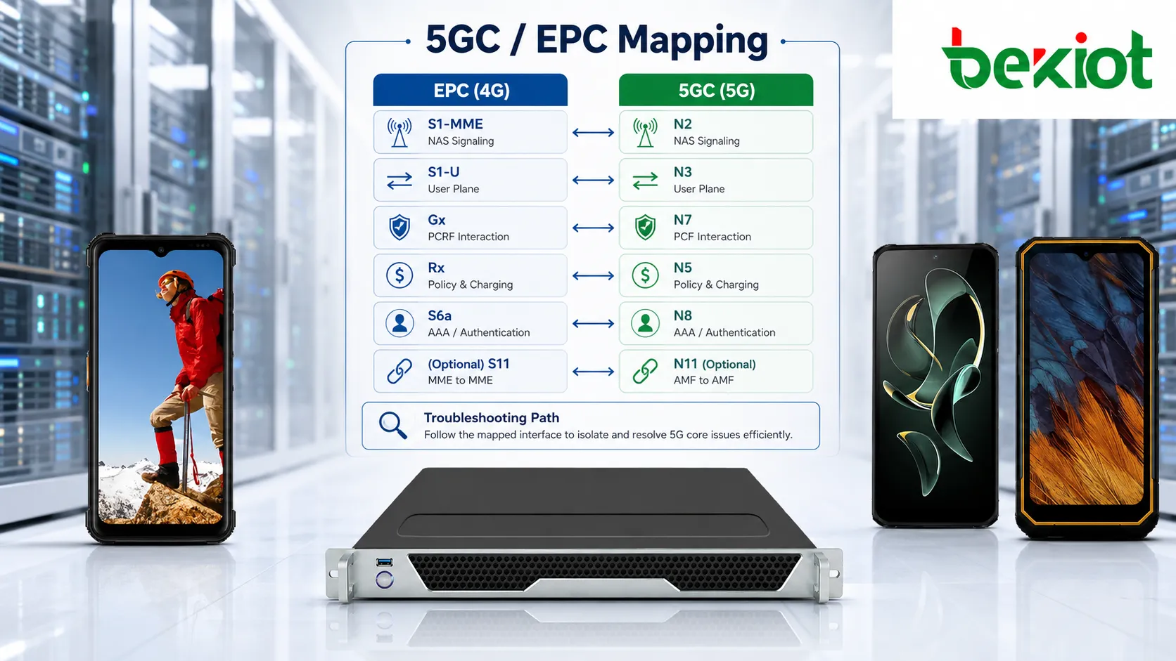 Mapeo de interfaces 5GC y EPC que compara N2 N3 N4 N5 N7 N8 N11 y otras interfaces del núcleo con S1 Gx Rx S6a y las interfaces EPC heredadas