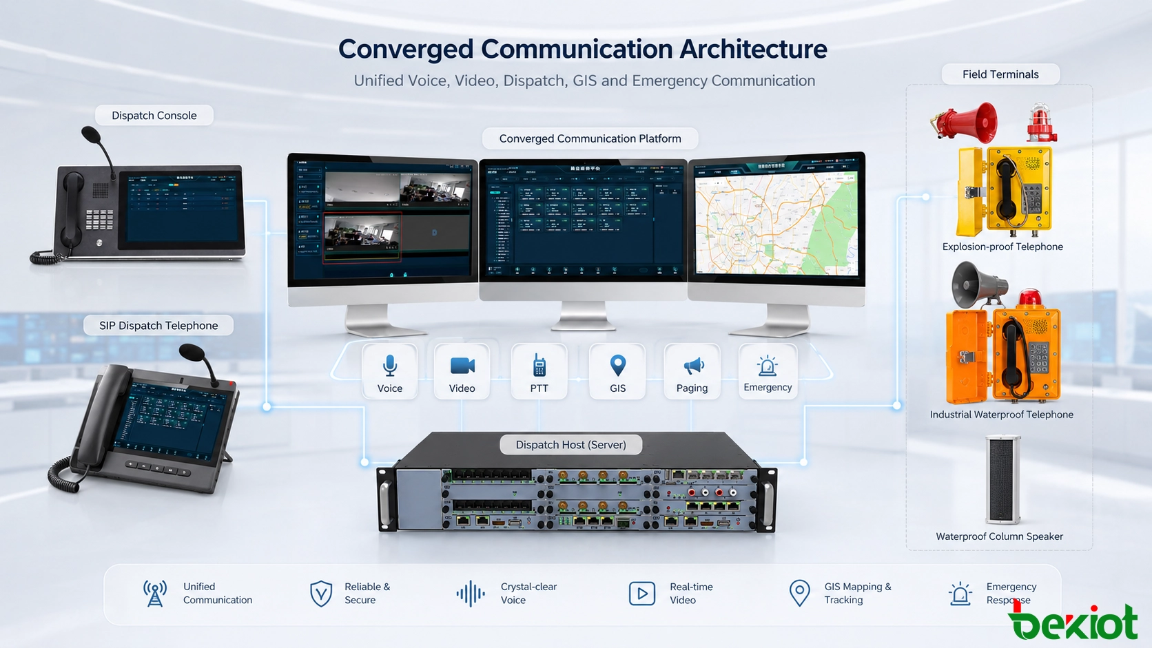 Arquitectura de comunicaciones unificadas que conecta servicios de voz, vídeo, conferencias y pulsar para hablar