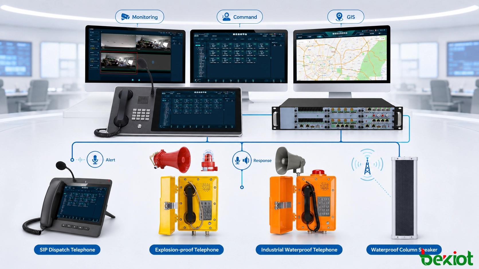 Flujo de trabajo de mando y despacho que coordina operadores, personal de campo, videovigilancia y recursos IoT