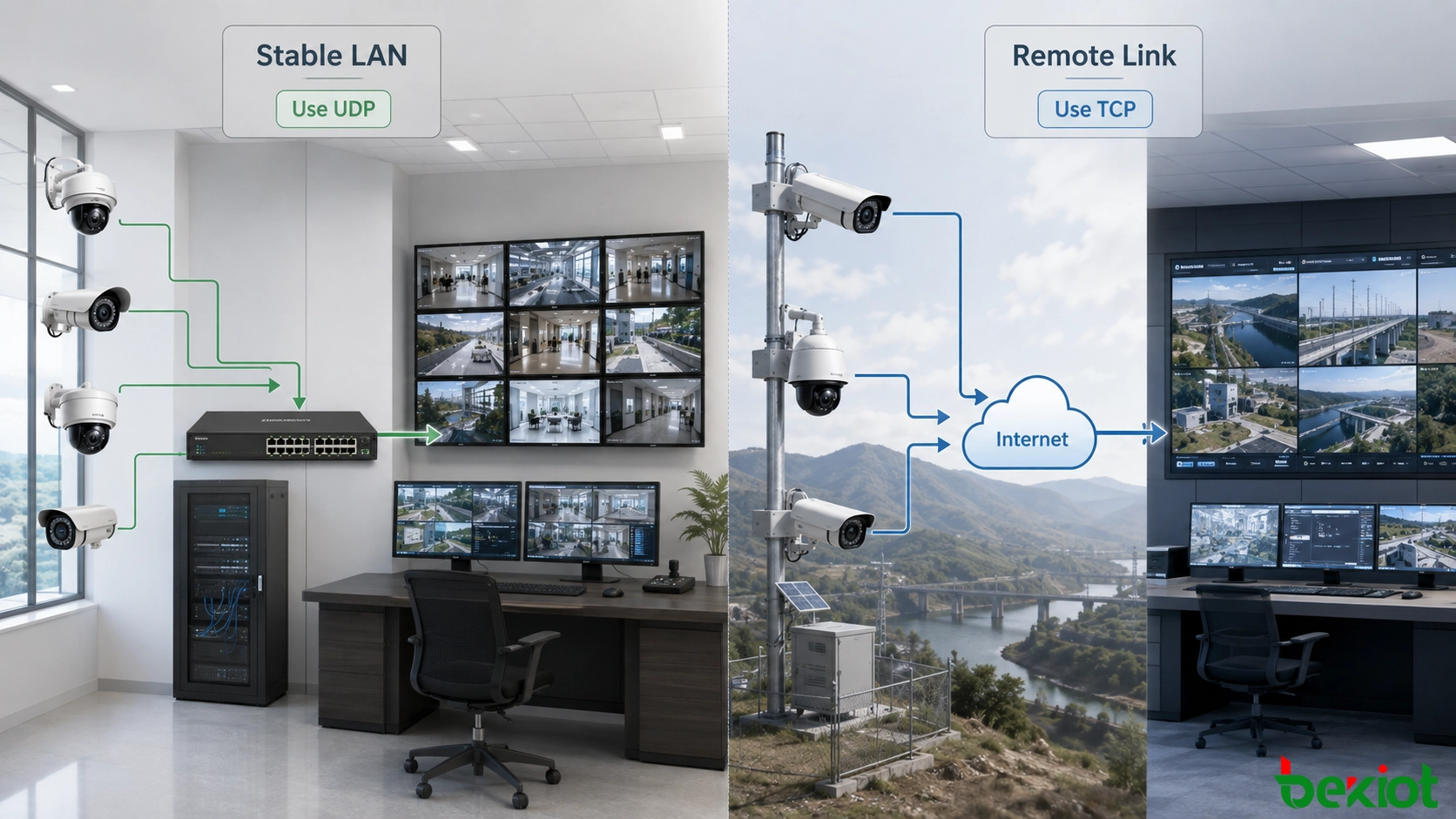 Red de videovigilancia que muestra la selección de protocolo para monitoreo de cámaras locales y transmisión remota por Internet