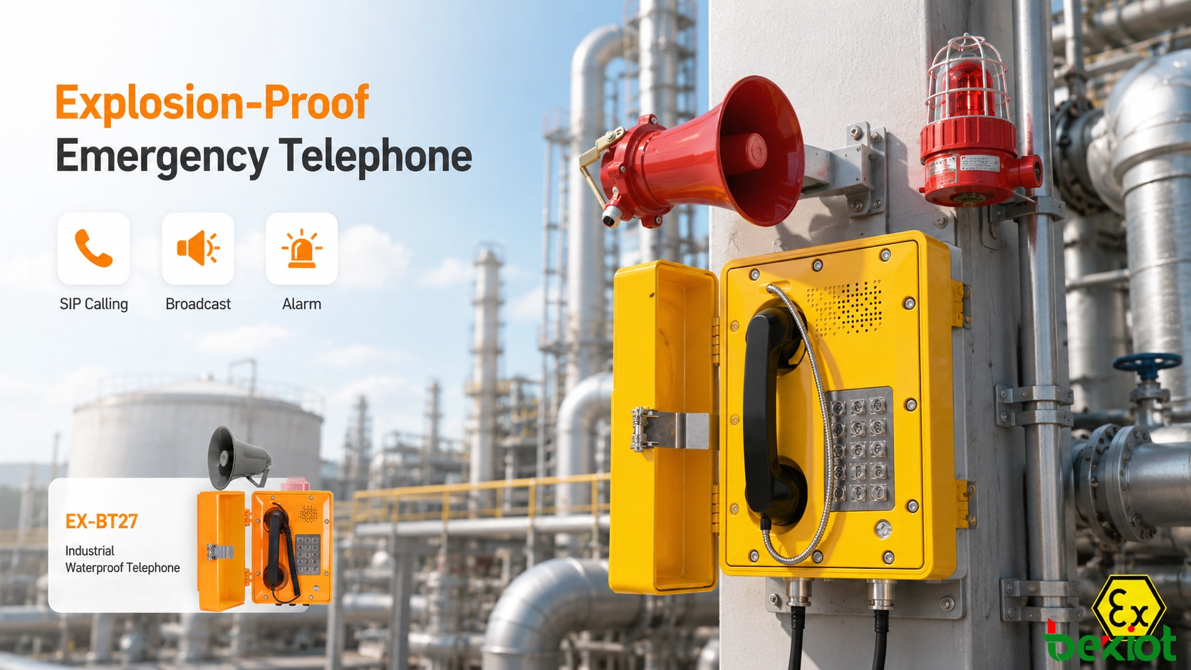 Teléfono a prueba de explosiones instalado en un área petroquímica peligrosa con funciones de alarma y comunicación industrial