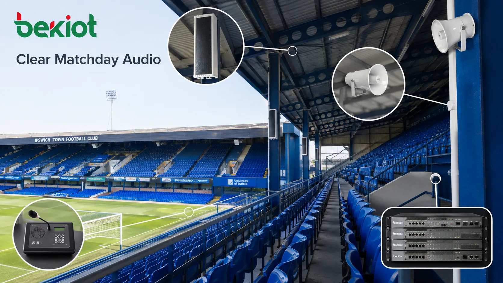 Exterior y gradas del estadio Portman Road de Ipswich Town, donde el club planea una actualización del sistema de PA por 1 millón de libras