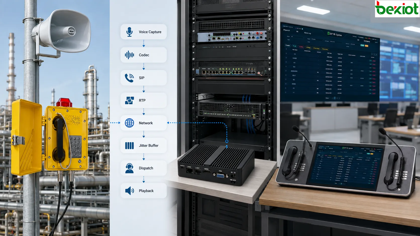 Ruta de señal de latencia de voz de un teléfono industrial con captación por micrófono, codificación de audio, transmisión SIP y RTP, conmutación de red, plataforma de despacho, búfer de jitter, decodificación y salida por altavoz