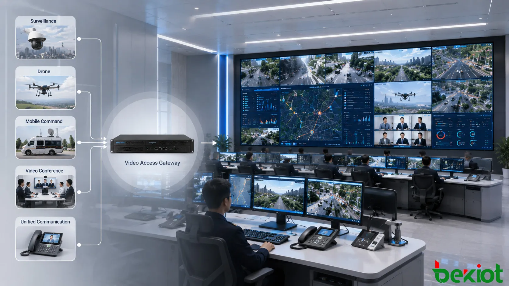 Centro de mando que integra cámaras de vigilancia, videoconferencias, drones, vehículos de mando móviles y vídeo de comunicaciones unificadas a través de una capa de acceso a vídeo compartida