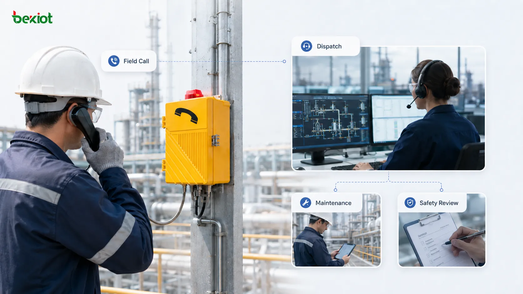 Encuesta de experiencia de usuario sobre claridad de voz de teléfonos industriales que muestra a un trabajador de campo en un taller de alto ruido usando el auricular, respuesta de la sala de control, prueba de llamada bidireccional y registros de retroalimentación