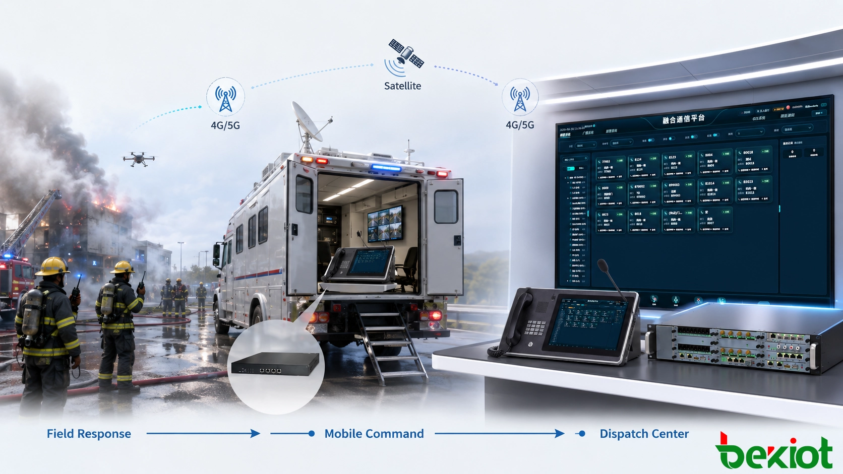 Flujo de trabajo de respuesta a emergencias que muestra a bomberos y personal de rescate usando radios conectados a través de un vehículo de mando de emergencias a un centro de despacho remoto a través de enlaces de comunicación 4G, 5G y satelitales