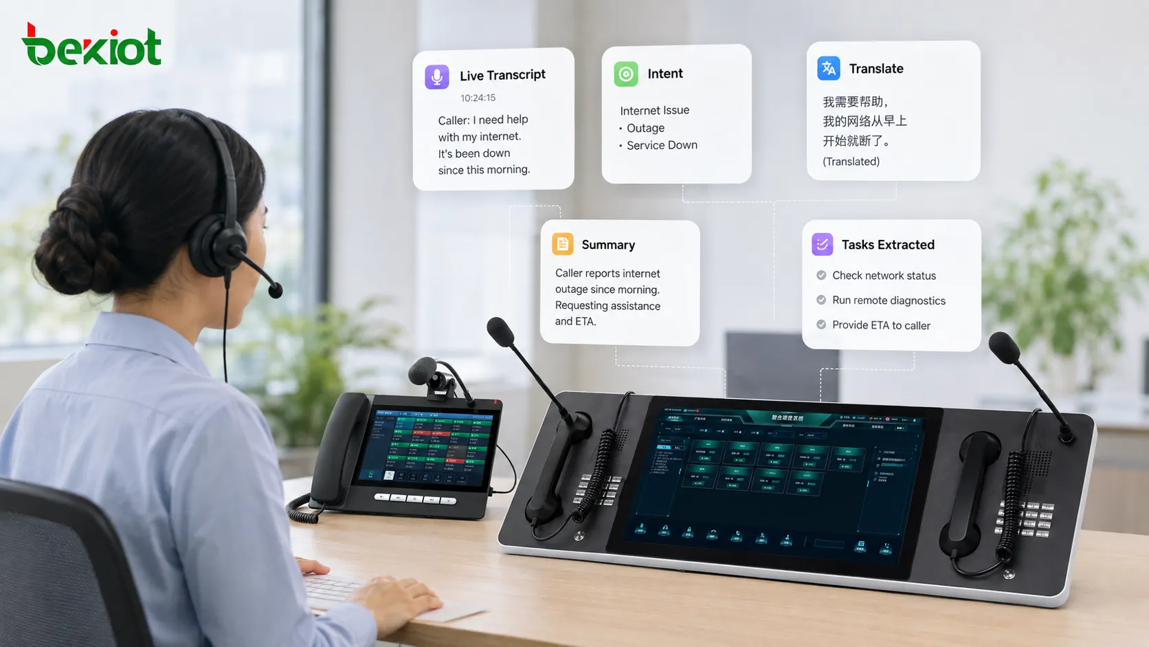 Análisis de llamadas VoIP en tiempo real asistido por IA con transcripción de voz, detección de intención del cliente, traducción en directo, comparación con datos históricos y asistencia inteligente al agente