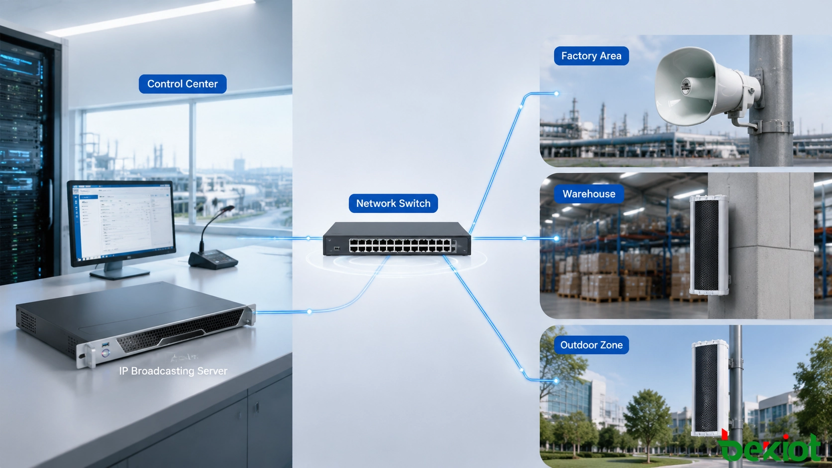Arquitectura de radiodifusión IP remota que conecta la red del servidor y los terminales de audio IP