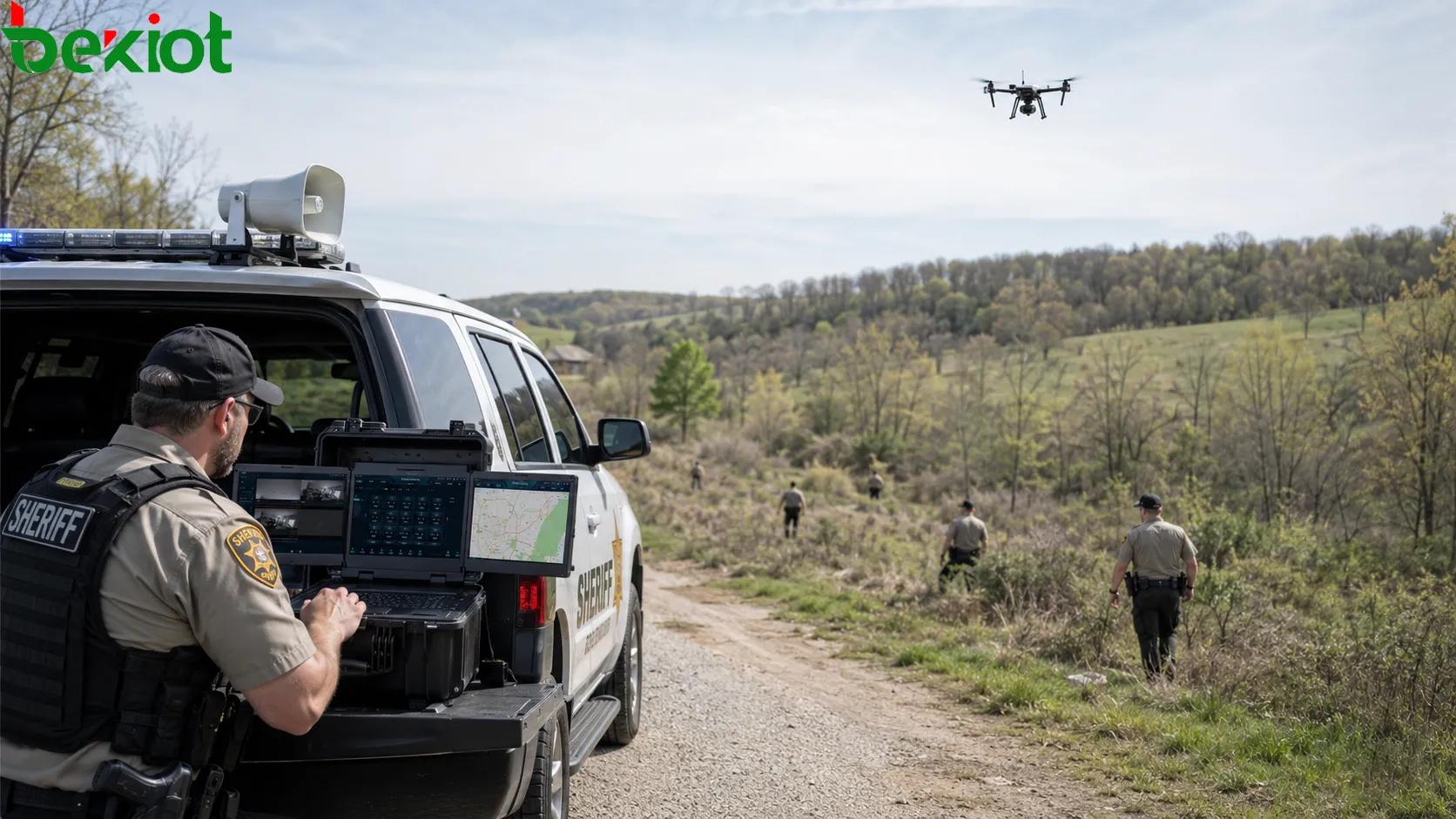 Agentes del condado de Howell realizan de forma coordinada una búsqueda terrestre y con dron en una zona rural