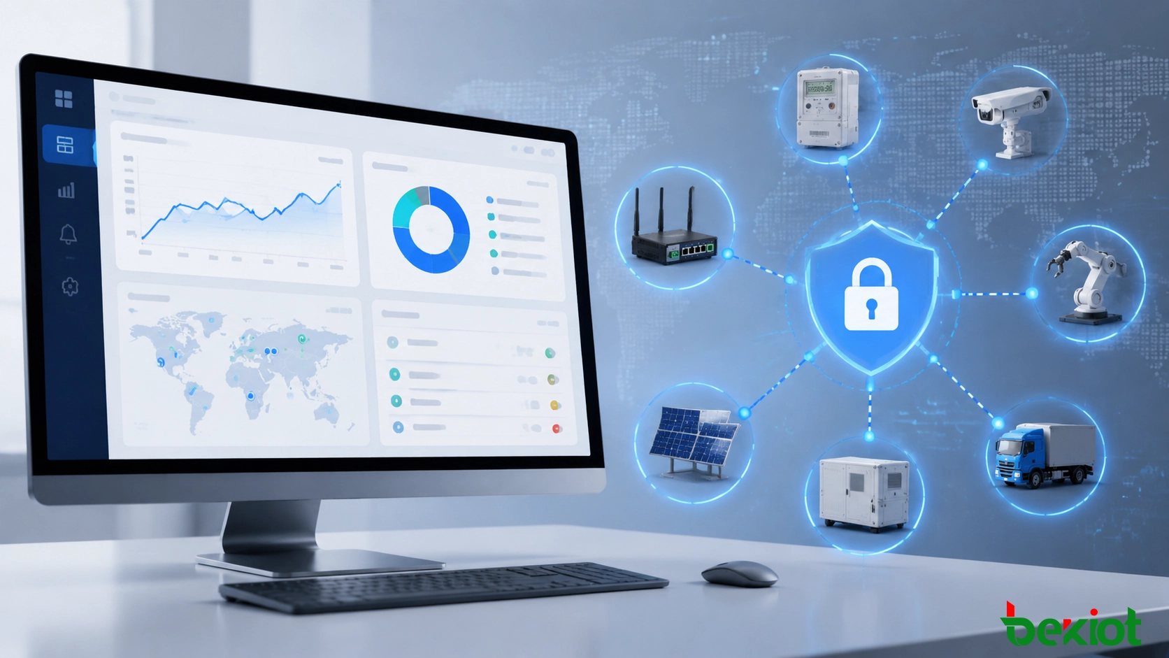Plataforma empresarial de gestión IoT supervisando dispositivos conectados y el estado de seguridad de la red