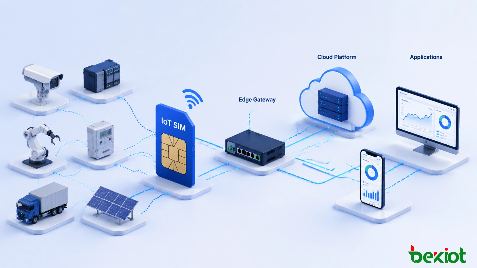 Arquitectura empresarial de conectividad IoT que enlaza dispositivos industriales mediante redes celulares con SIM IoT a plataformas edge, nube y aplicaciones empresariales