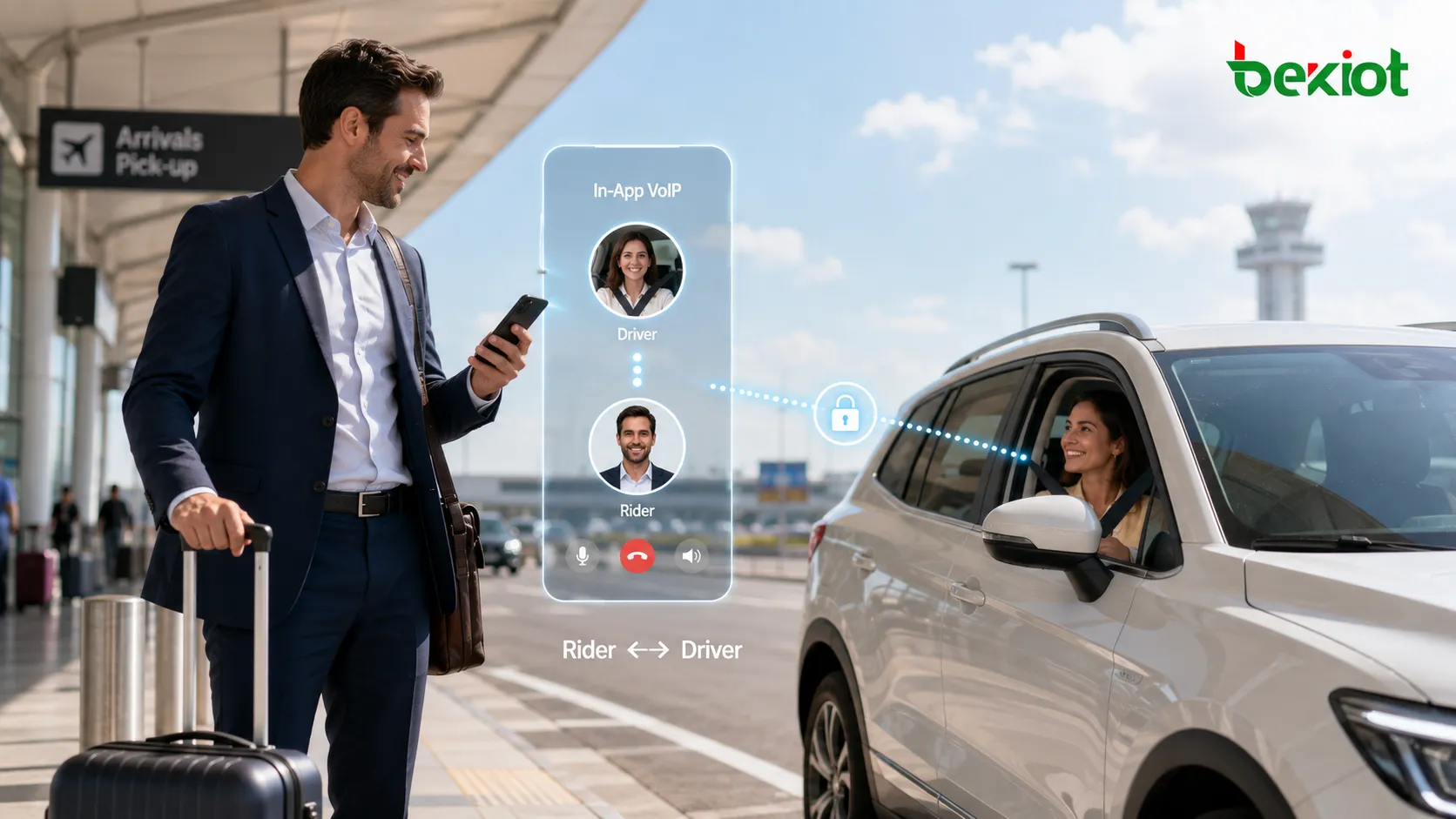 Aplicación de transporte bajo demanda que utiliza VoIP dentro de la app para conectar a pasajeros y conductores sin exponer números de teléfono personales