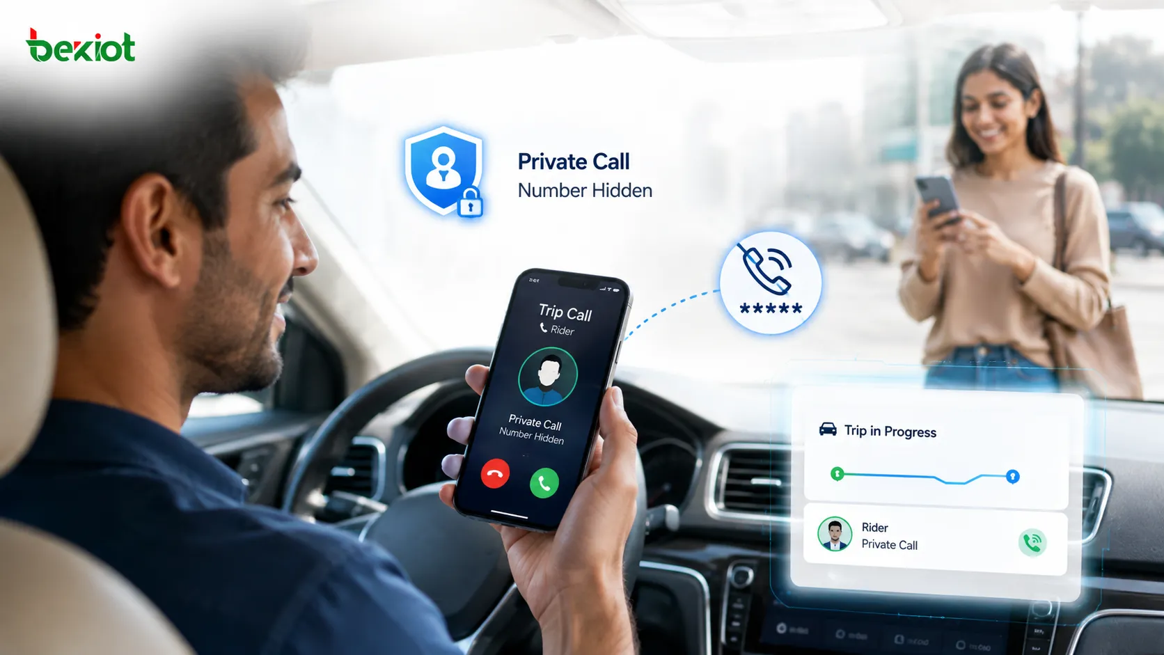 Arquitectura VoIP de aplicación móvil que conecta los clientes de pasajero y conductor con control de llamadas, servicios de medios y la plataforma de negocio