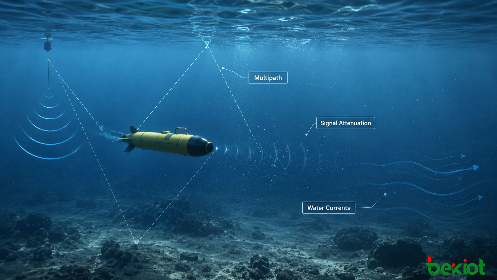 Entorno de comunicación submarina para AUV que muestra atenuación de señal, propagación multitrayecto, corrientes de agua y desafíos de comunicación