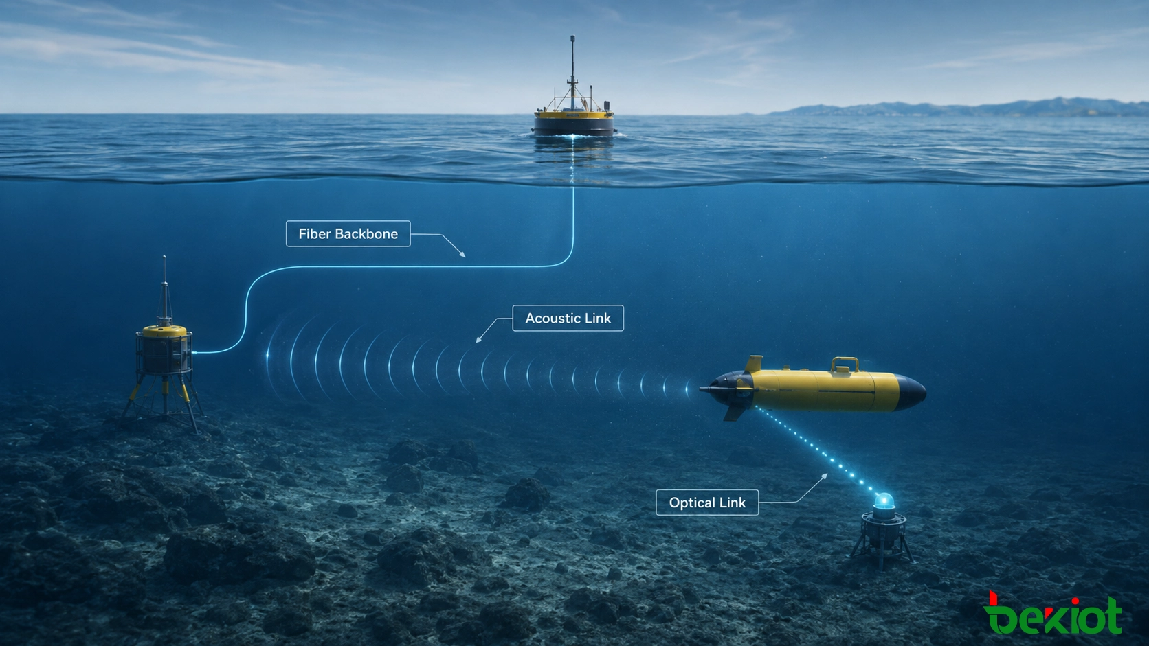 Arquitectura de comunicación híbrida para AUV que combina control en superficie, estación submarina conectada por fibra, enlace acústico y transferencia de datos óptica
