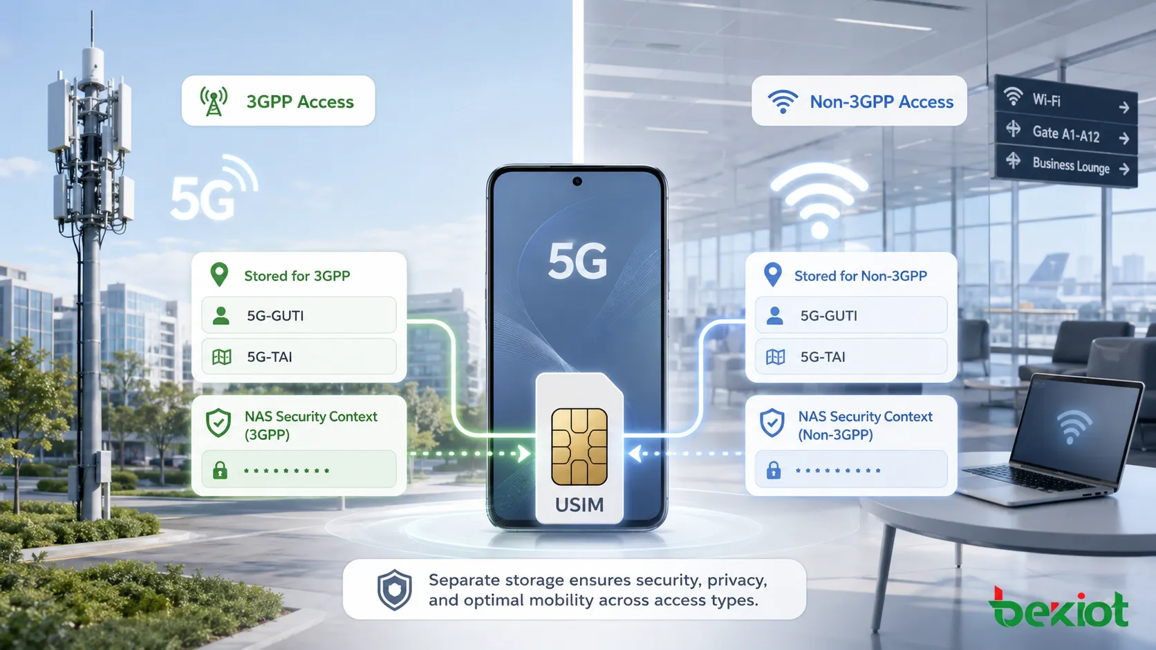 La USIM 5G almacena información de ubicación y contextos de seguridad NAS separados para acceso 3GPP y no 3GPP
