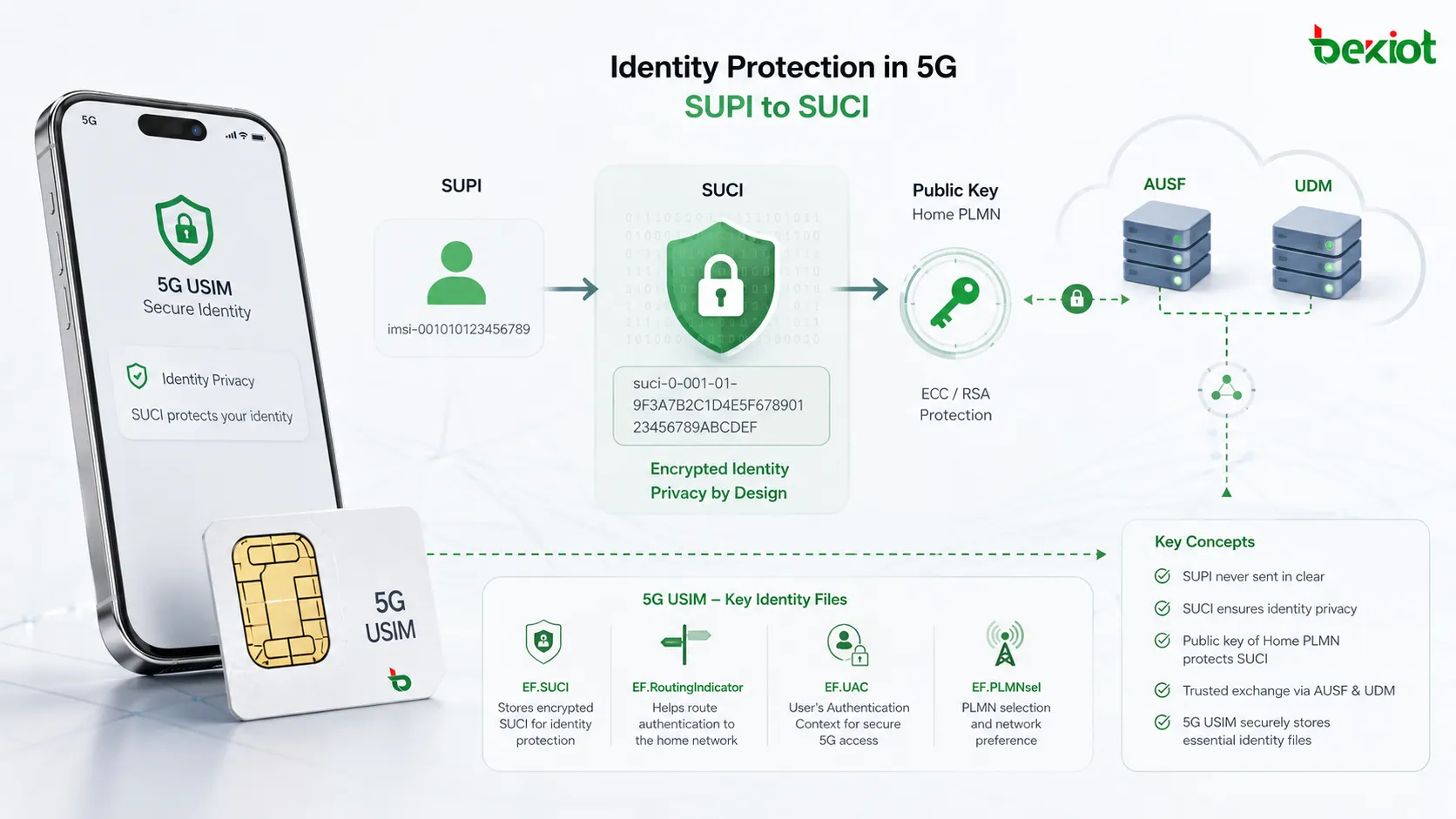 La USIM 5G utiliza archivos EF de cálculo SUCI, indicador de enrutamiento, UAC y PLMN para la privacidad de identidad y la gestión del acceso
