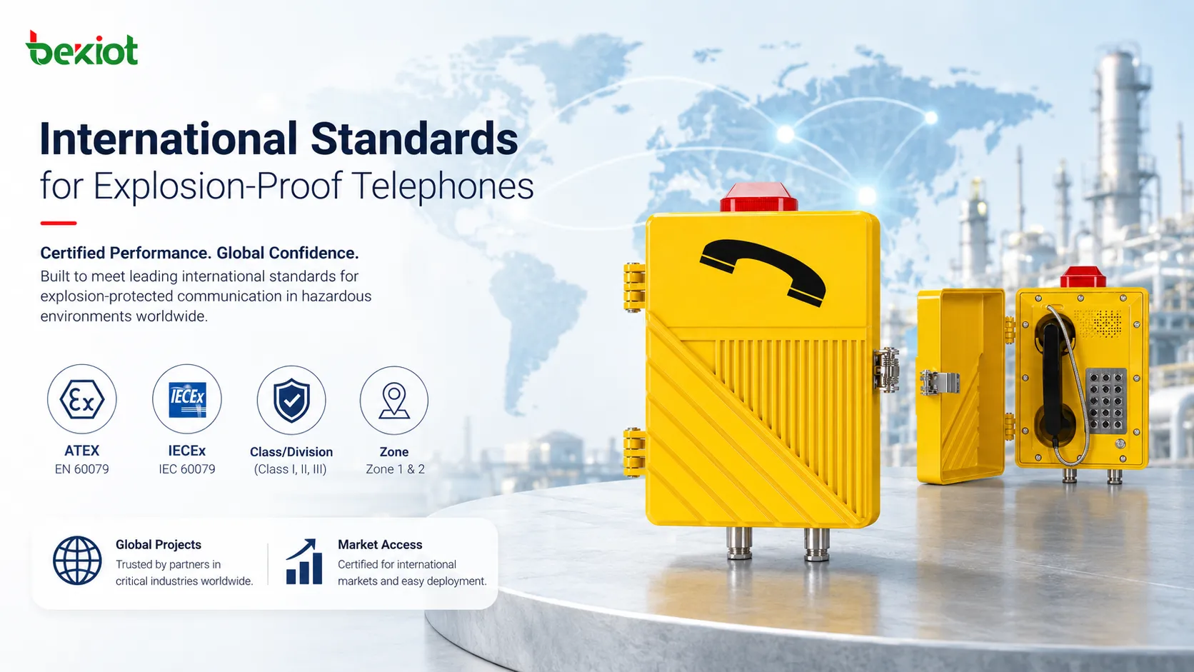 Normas mundiales para teléfonos antideflagrantes, incluidos ATEX, IECEx, los sistemas norteamericanos Class Division y Zone, comunicaciones en zonas peligrosas, documentación de certificación y acceso a mercados internacionales