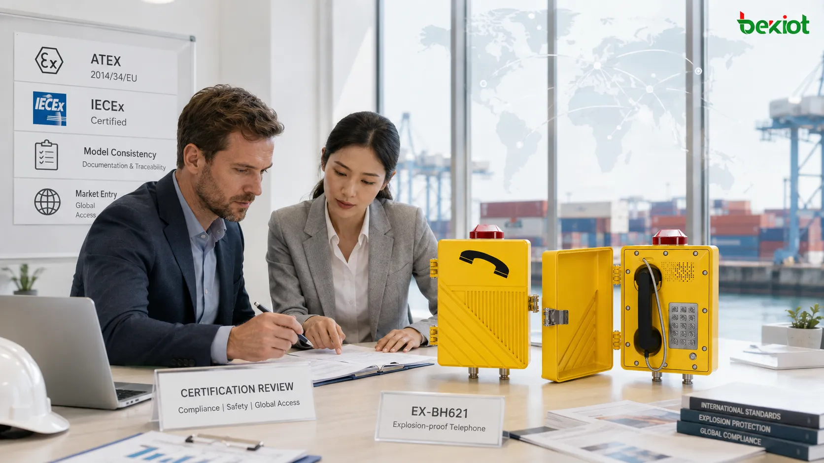Revisión internacional de certificación de teléfonos antideflagrantes que abarca coherencia de modelo, ATEX, IECEx, clasificación norteamericana de lugares peligrosos, aprobación de compras y requisitos de acceso al mercado
