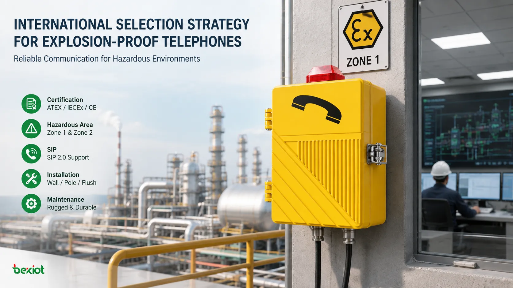 Selección del teléfono antideflagrante EX-BH621 para proyectos internacionales, incluyendo revisión de certificación, adecuación a zona peligrosa, integración de despacho SIP, instalación, protección IP, calidad de voz y documentación de mantenimiento