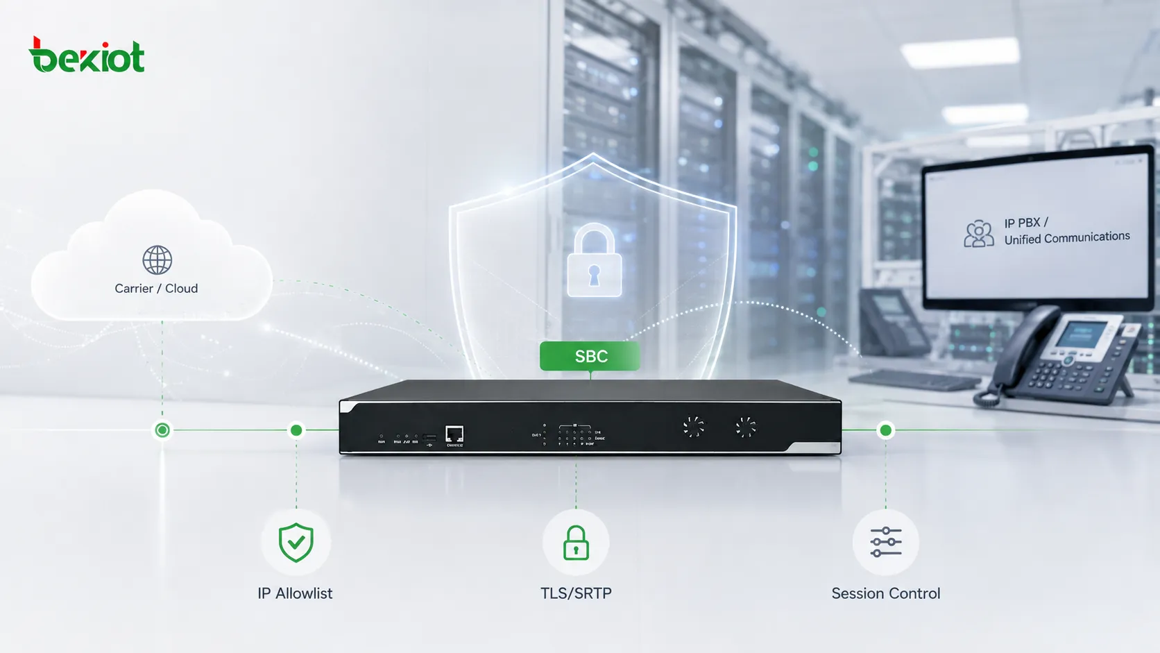 Troncal SIP empresarial protegido mediante SBC, controles de acceso, señalización cifrada y supervisión de tráfico anómalo en el perímetro de la red VoIP