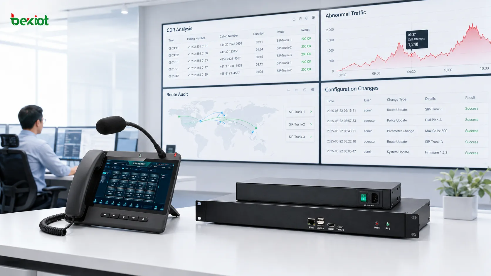 Plataforma de operaciones VoIP que utiliza análisis de CDR, auditoría de rutas, alertas de anomalías y registros de permisos para detectar tráfico internacional de voz no autorizado