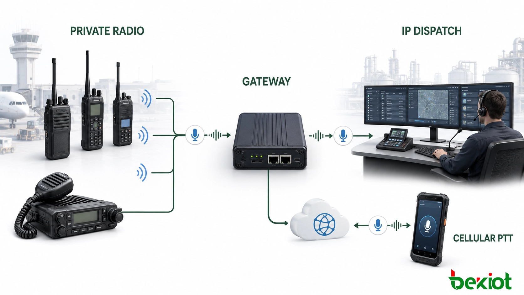 Pasarela de interoperabilidad de radio que conecta radio privada, PTT celular y despacho por IP