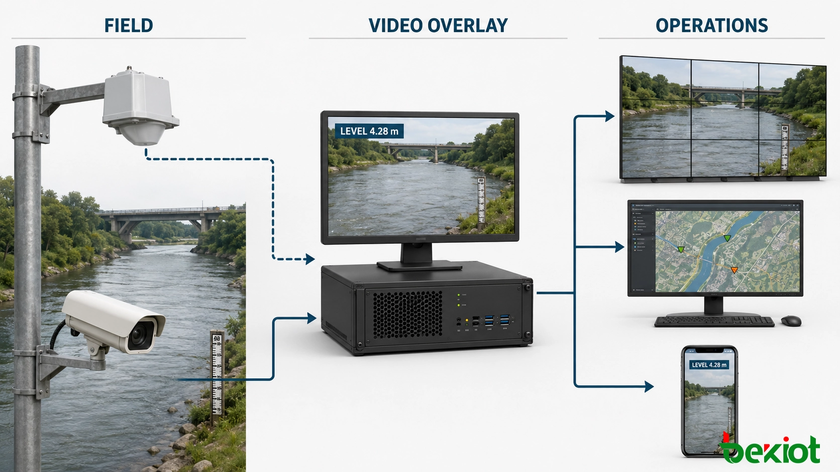 Arquitectura que conecta un sensor de nivel de agua por radar y una cámara CCTV a una plataforma de superposición de video
