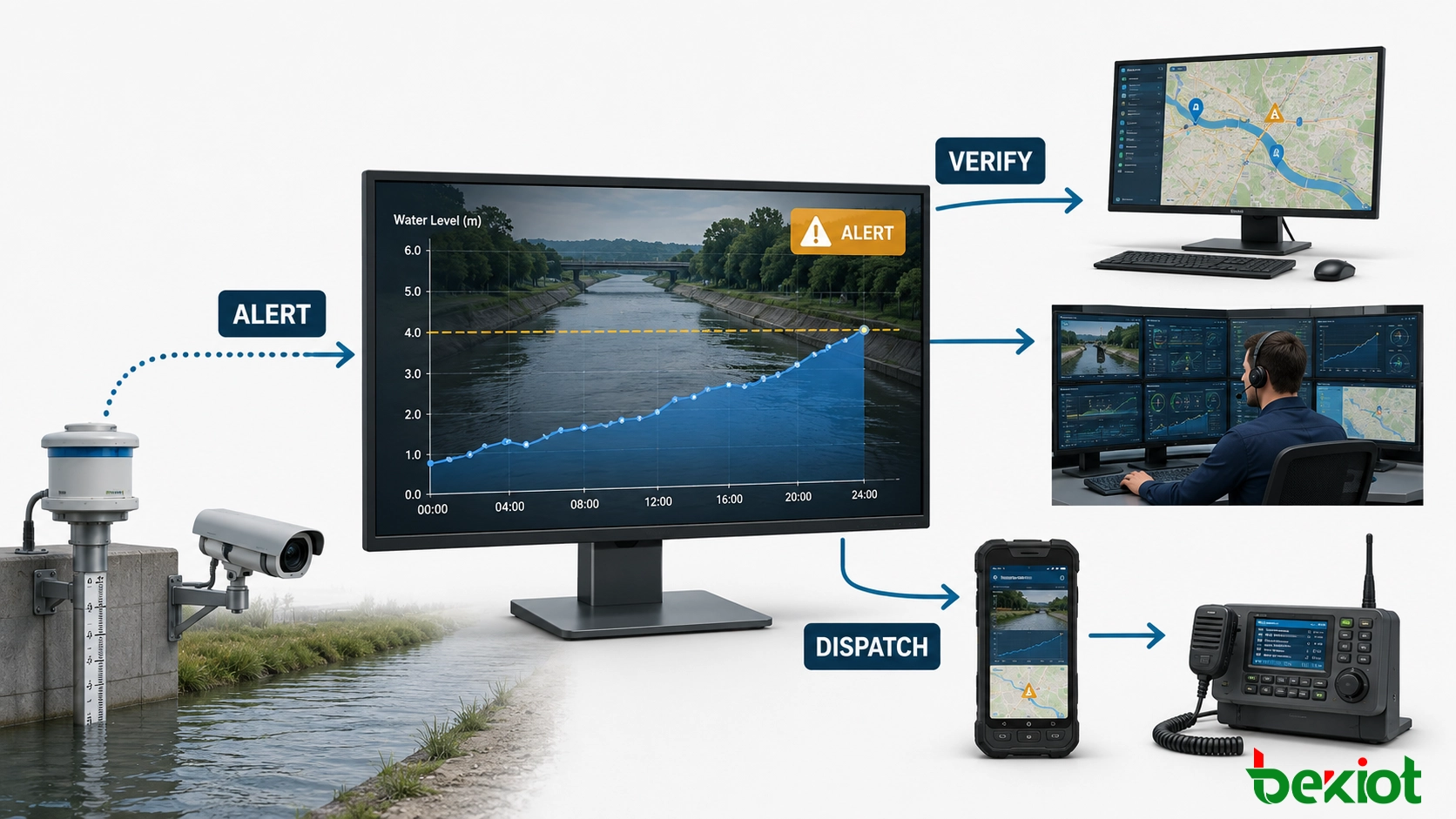 Flujo de trabajo de alerta de monitoreo inteligente de agua que conecta video, SIG, despacho, móvil y sistemas de sala de control