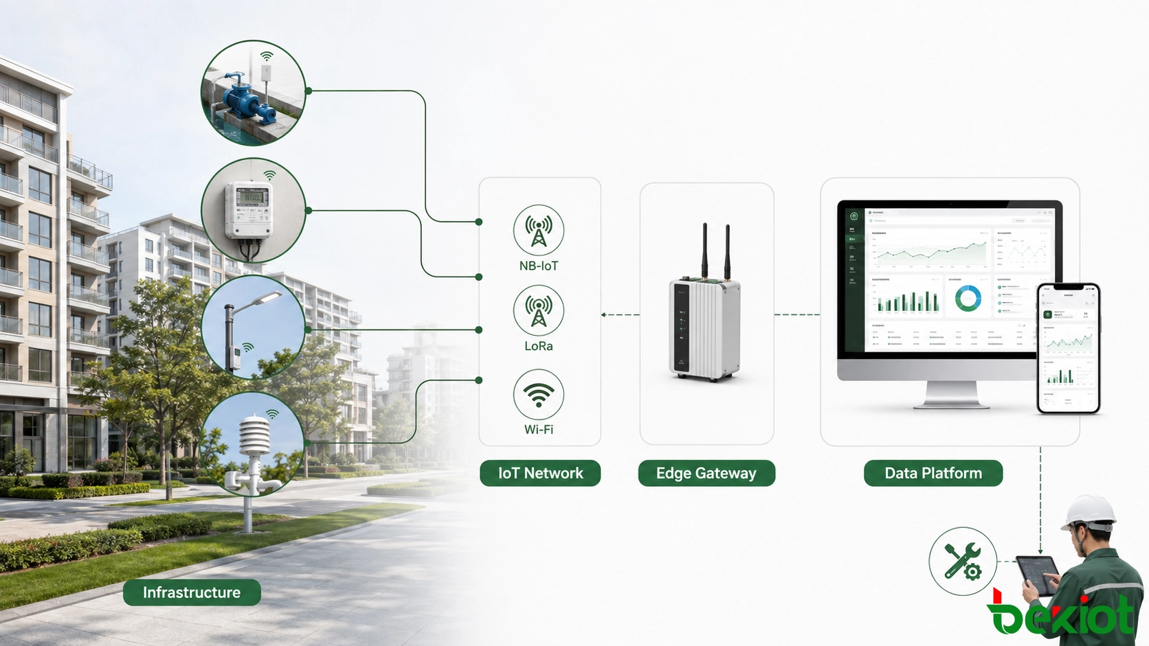 Base digital de la comunidad inteligente que conecta sensores de servicios públicos, redes IoT, puertas de enlace perimetrales y una plataforma de datos