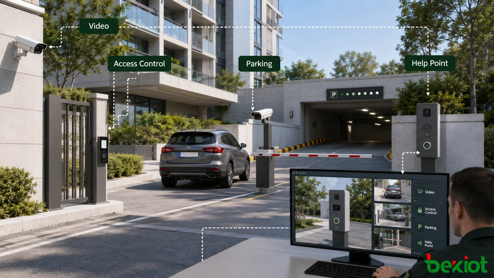 Flujo de trabajo integrado de seguridad y estacionamiento comunitario con video, control de acceso, interfono y reconocimiento de matrículas