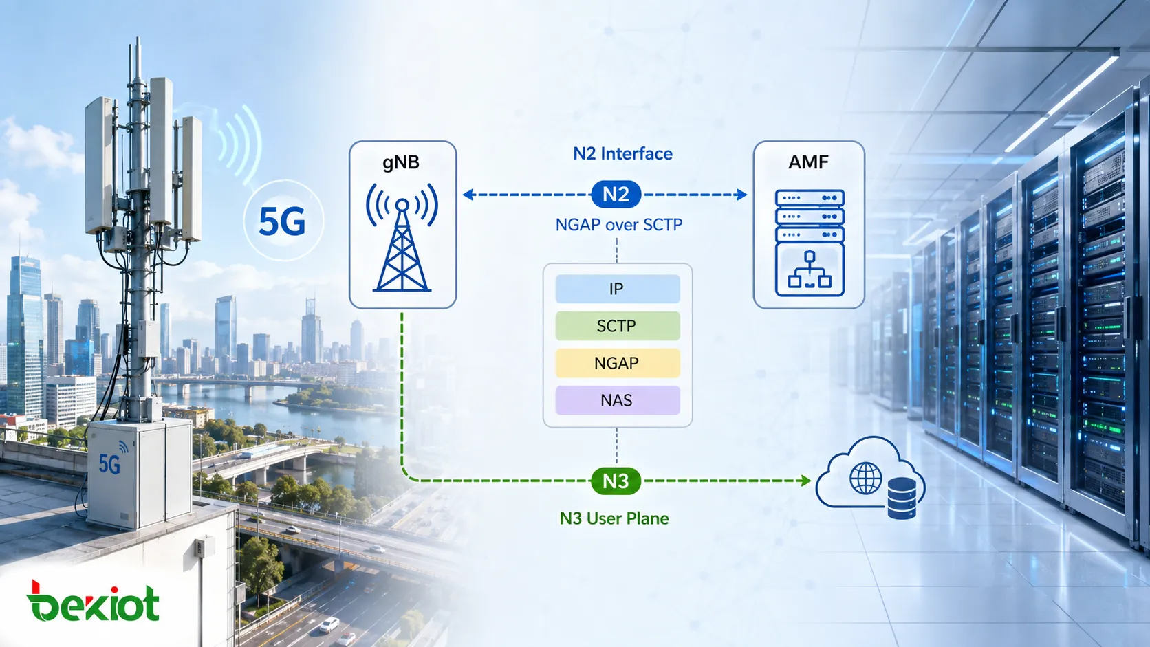 Interfaz N2 de 5G que conecta el gNB y la AMF mediante SCTP y NGAP mientras transporta señalización NAS y procedimientos del plano de control del UE