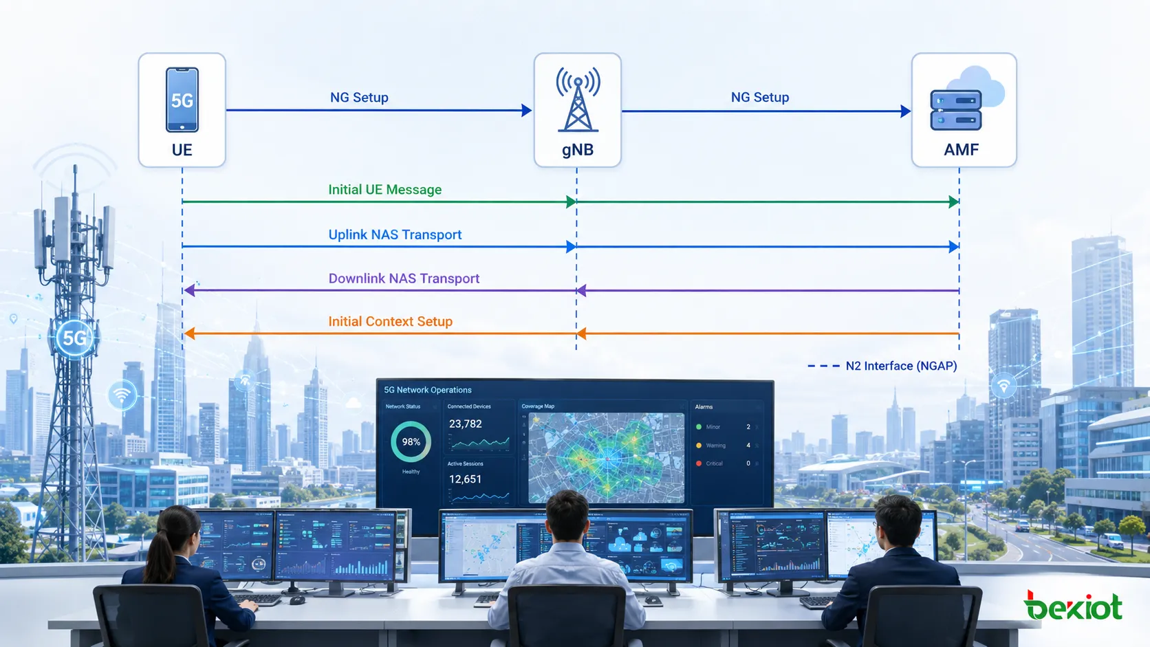 Secuencia típica de señalización N2 de 5G desde NG Setup hasta Initial UE Message, NAS Transport e Initial Context Setup
