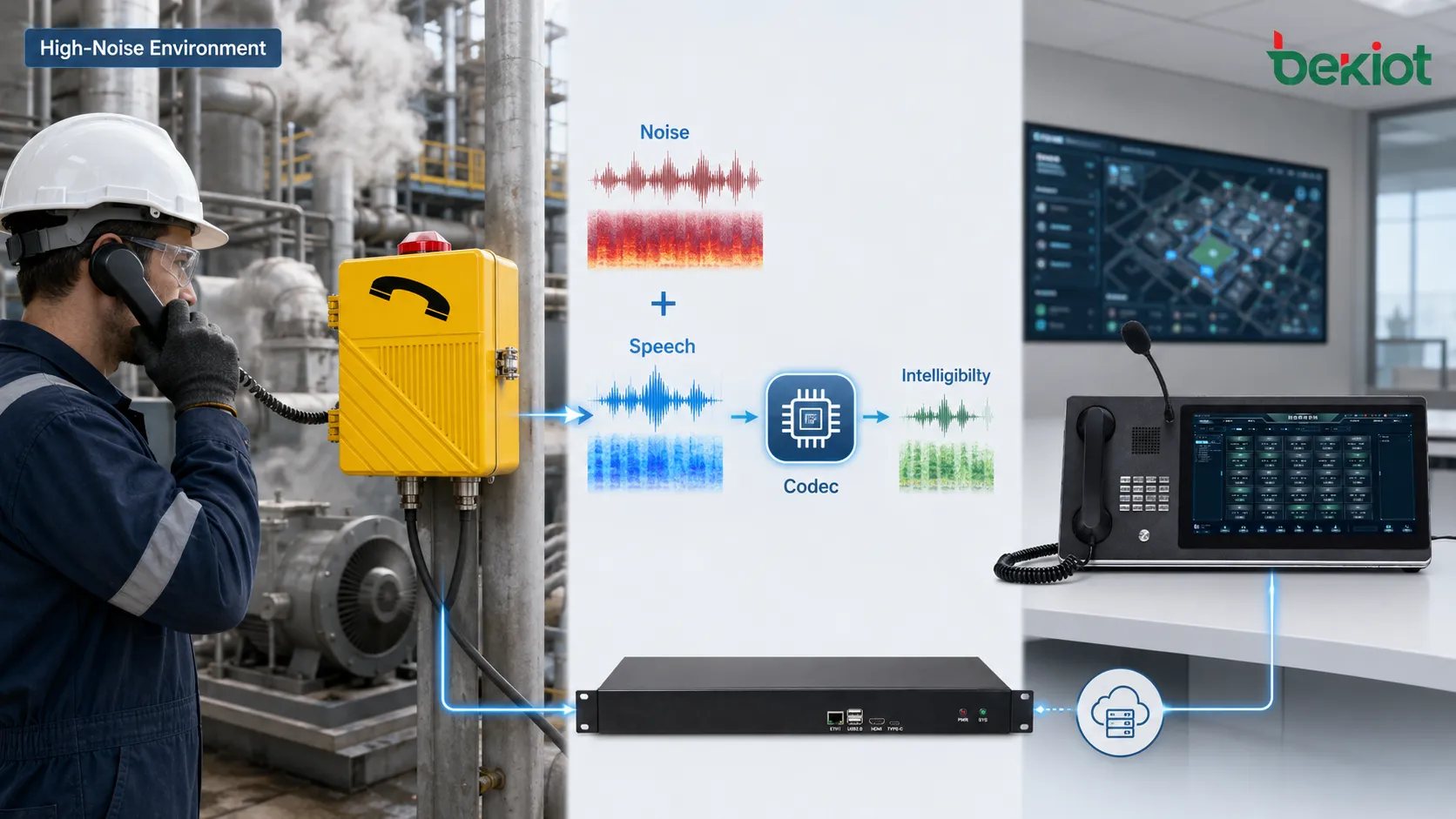 Prueba de inteligibilidad de códecs para teléfonos industriales en un taller ruidoso con personal de campo, operadores de sala de control, comparación de formas de onda, parámetros del códec y resultados de comprensión