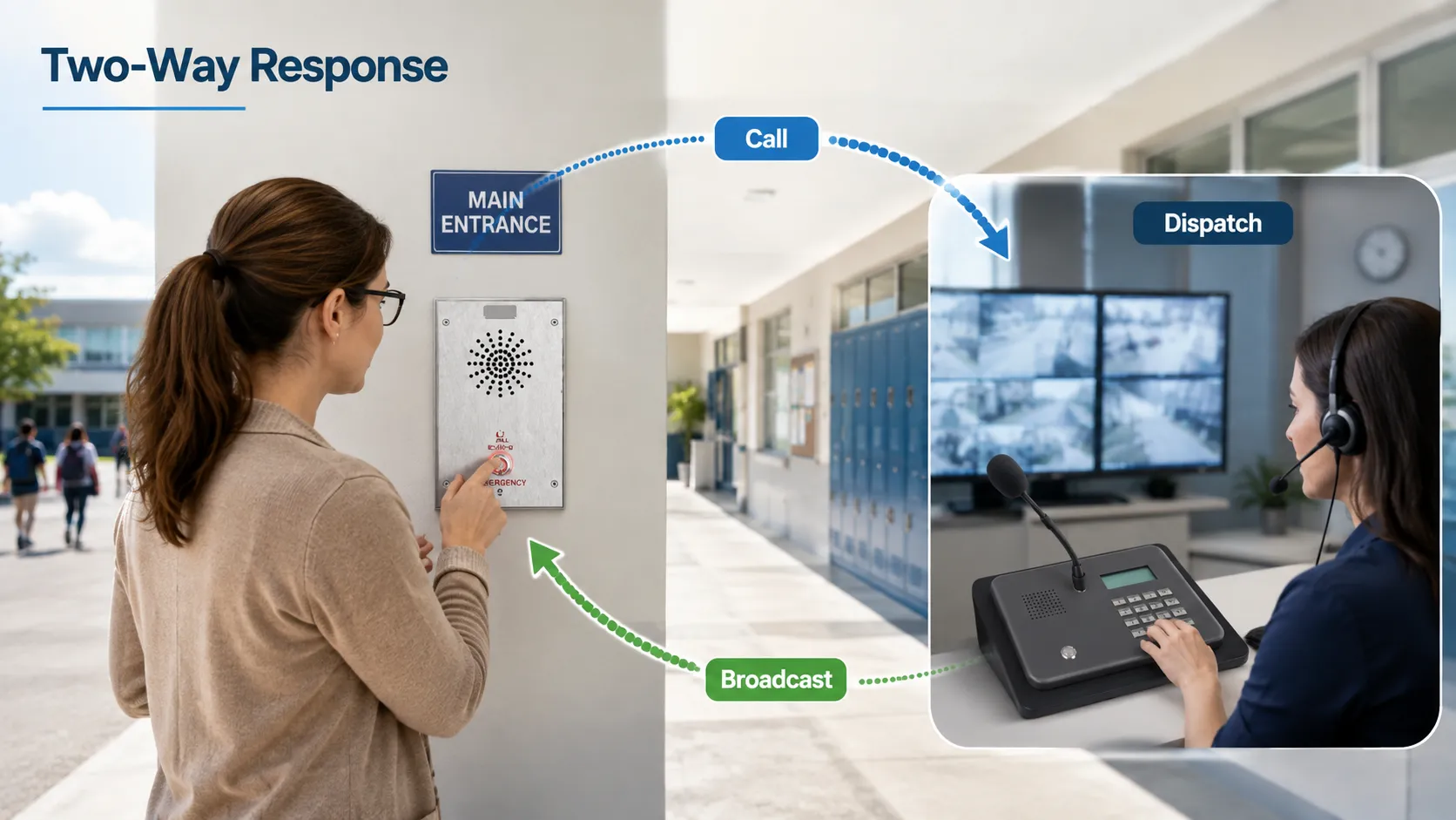 Megafonía del campus e intercomunicación bidireccional formando un ciclo cerrado, con docentes o personal de guardia comunicando incidentes al centro de gestión y activando avisos coordinados por zonas
