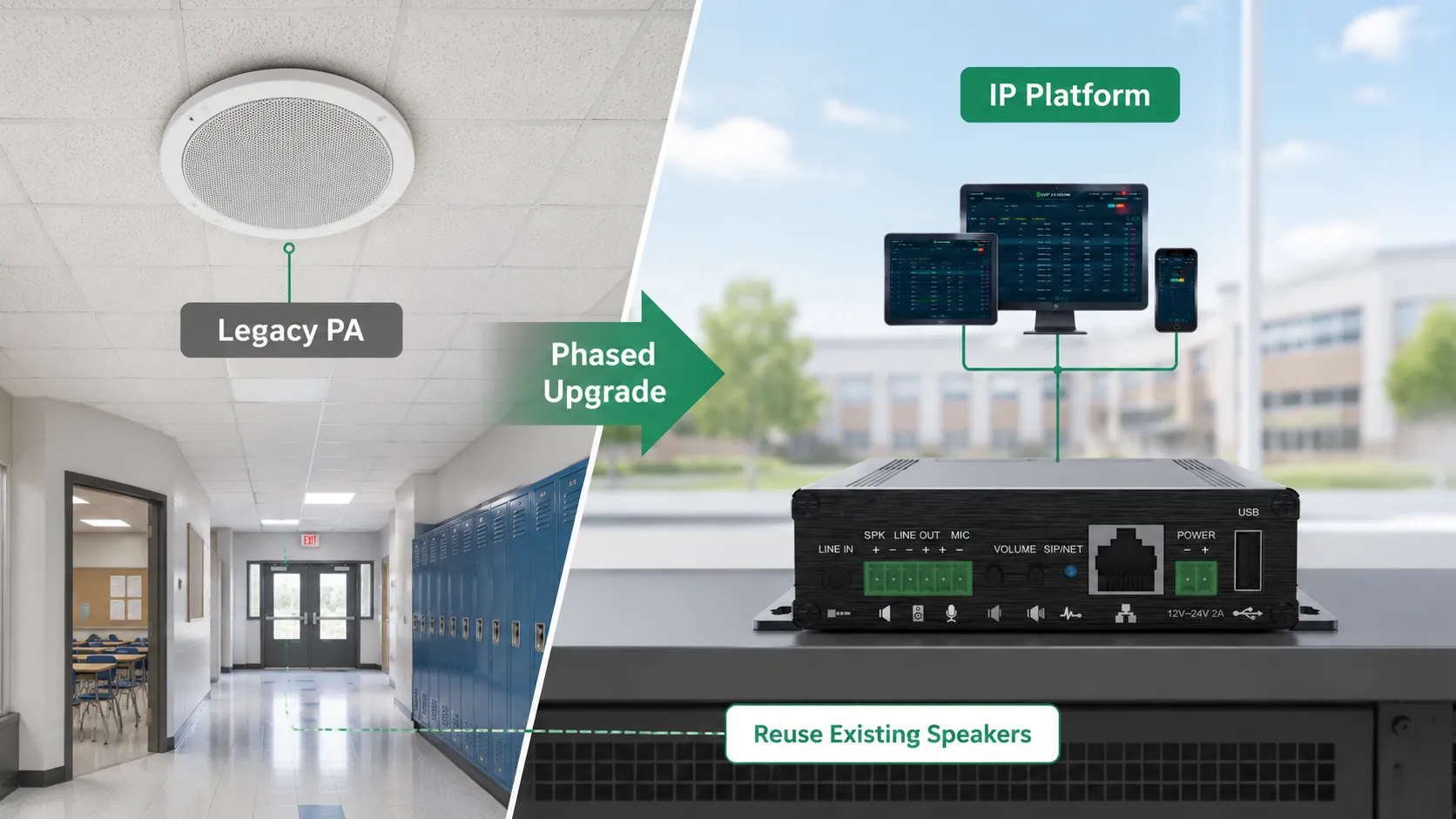 Sistema analógico de megafonía del campus integrado en una nueva plataforma IP mediante pasarelas, conservando amplificadores y altavoces existentes e incorporando terminales IP de forma gradual
