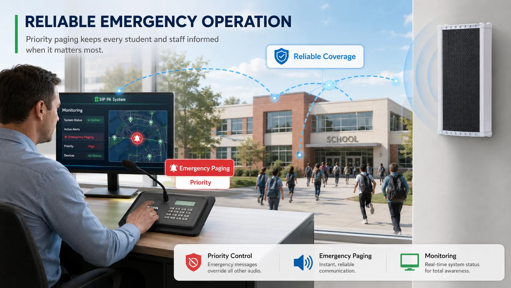 Sistema de megafonía del campus que mantiene funciones críticas durante fallos de servidor, red o alimentación mediante UPS, reproducción local, control de borde y redundancia de red