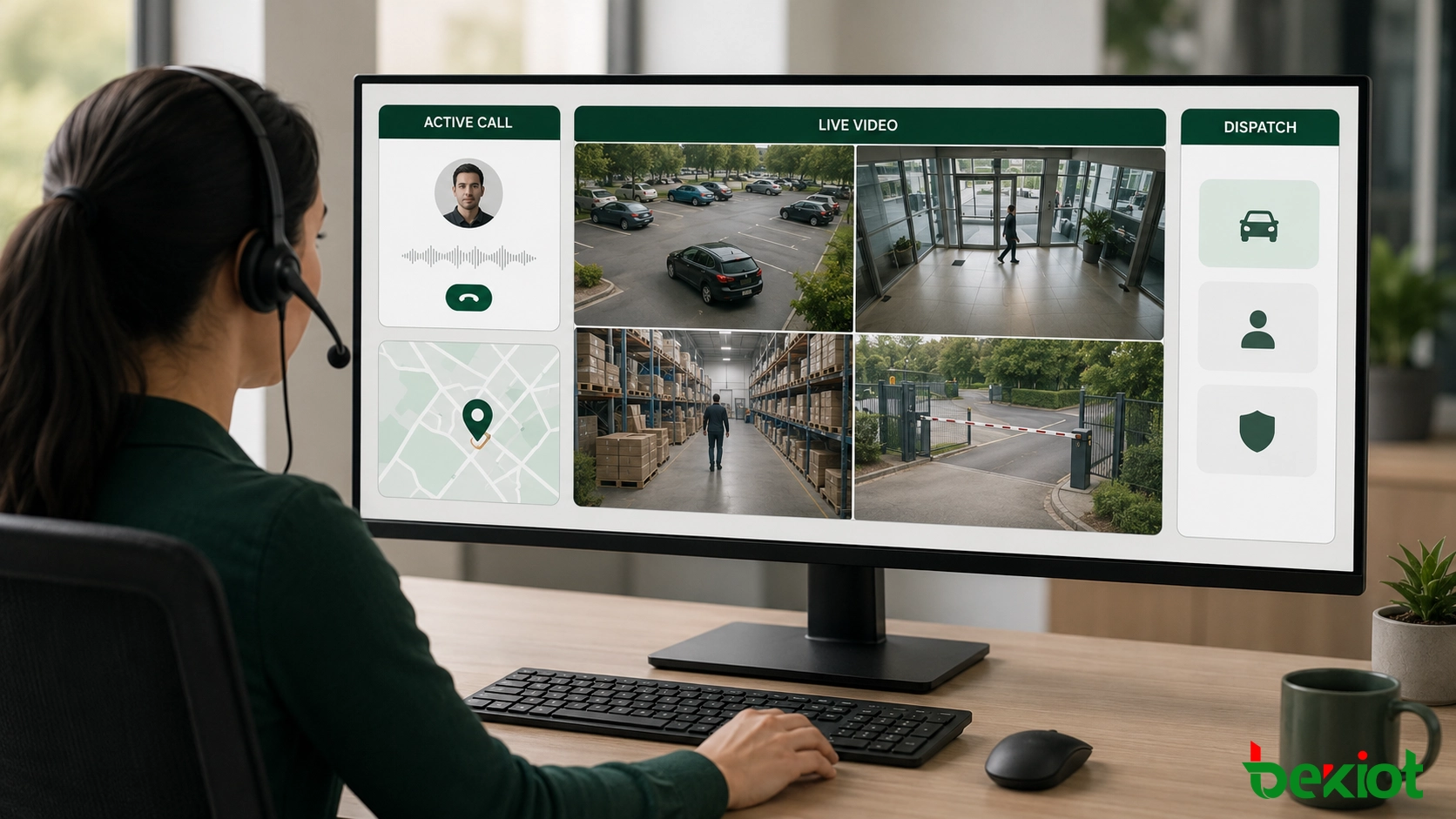 Espacio de trabajo de agente de centro de llamadas con información de llamada, vista en vivo de cuatro cámaras, detalles de ubicación y controles de gestión de incidentes